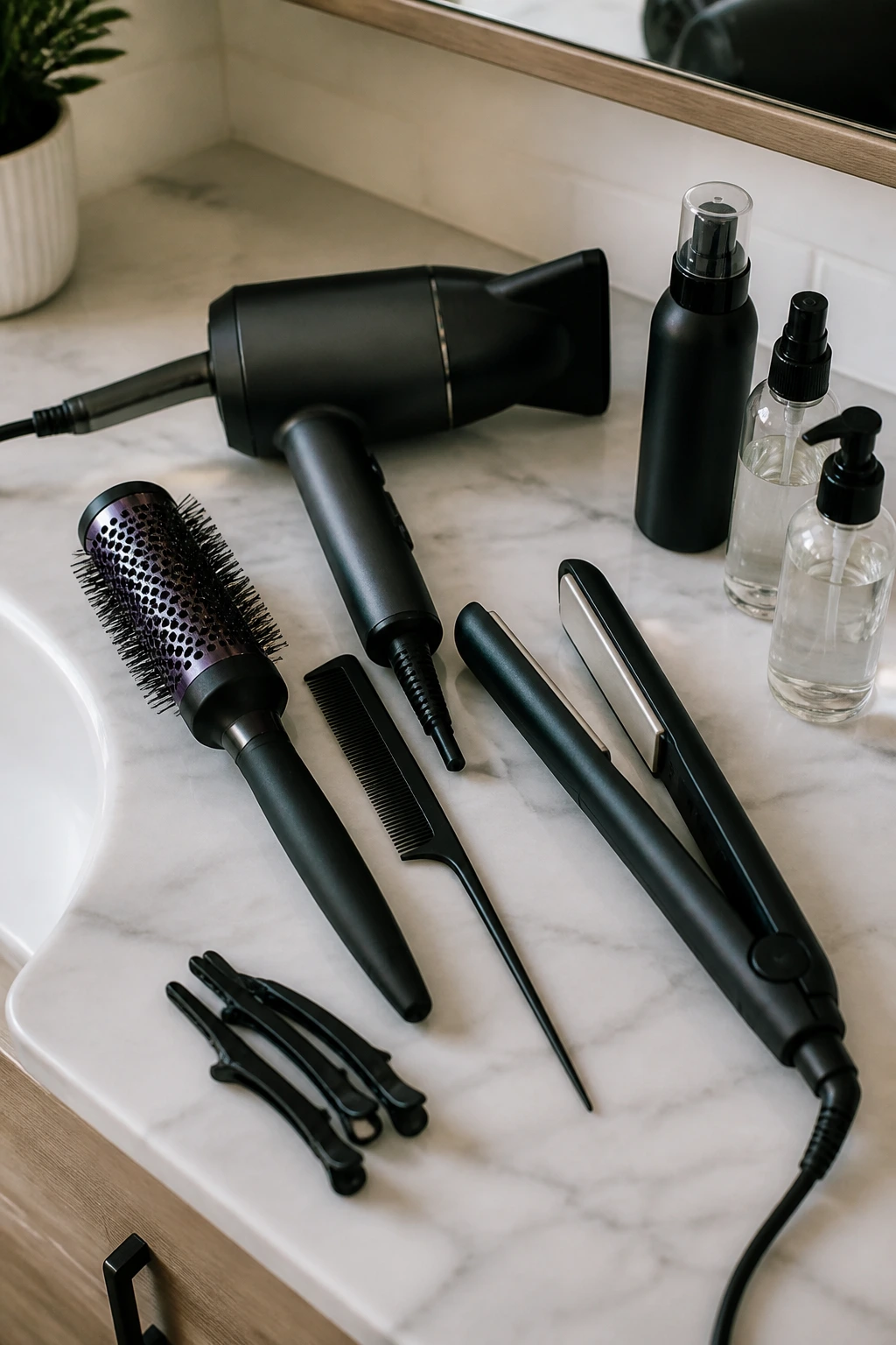 Top-down still-life of unbranded hair tools in a home bathroom