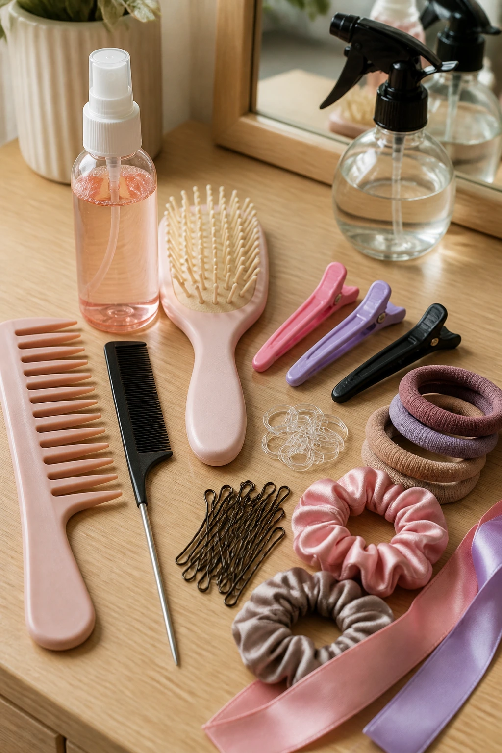 Close-up of hair tools on a vanity for kids' hairstyles