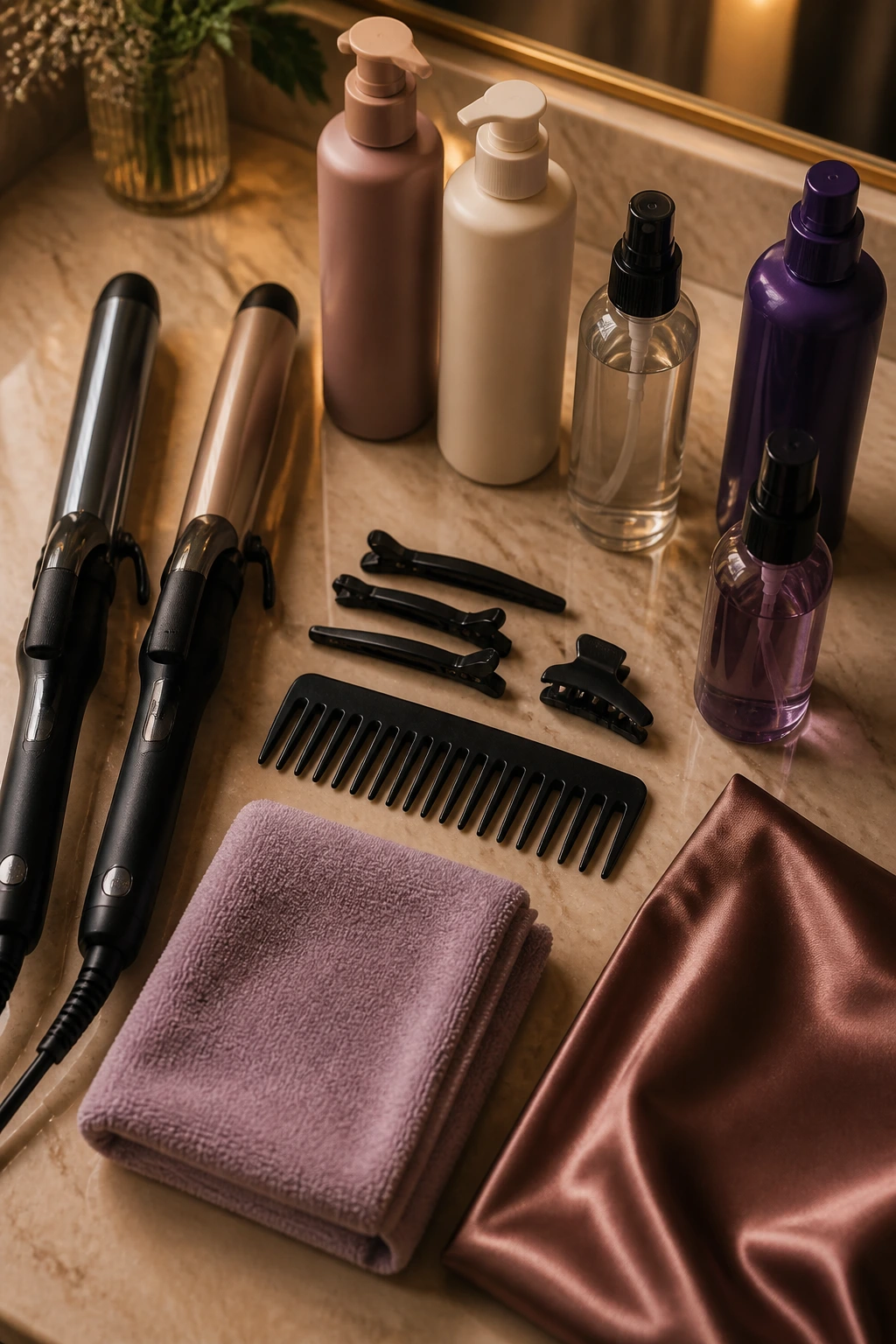 Close-up of curling irons, combs, and hair products for brunette waves