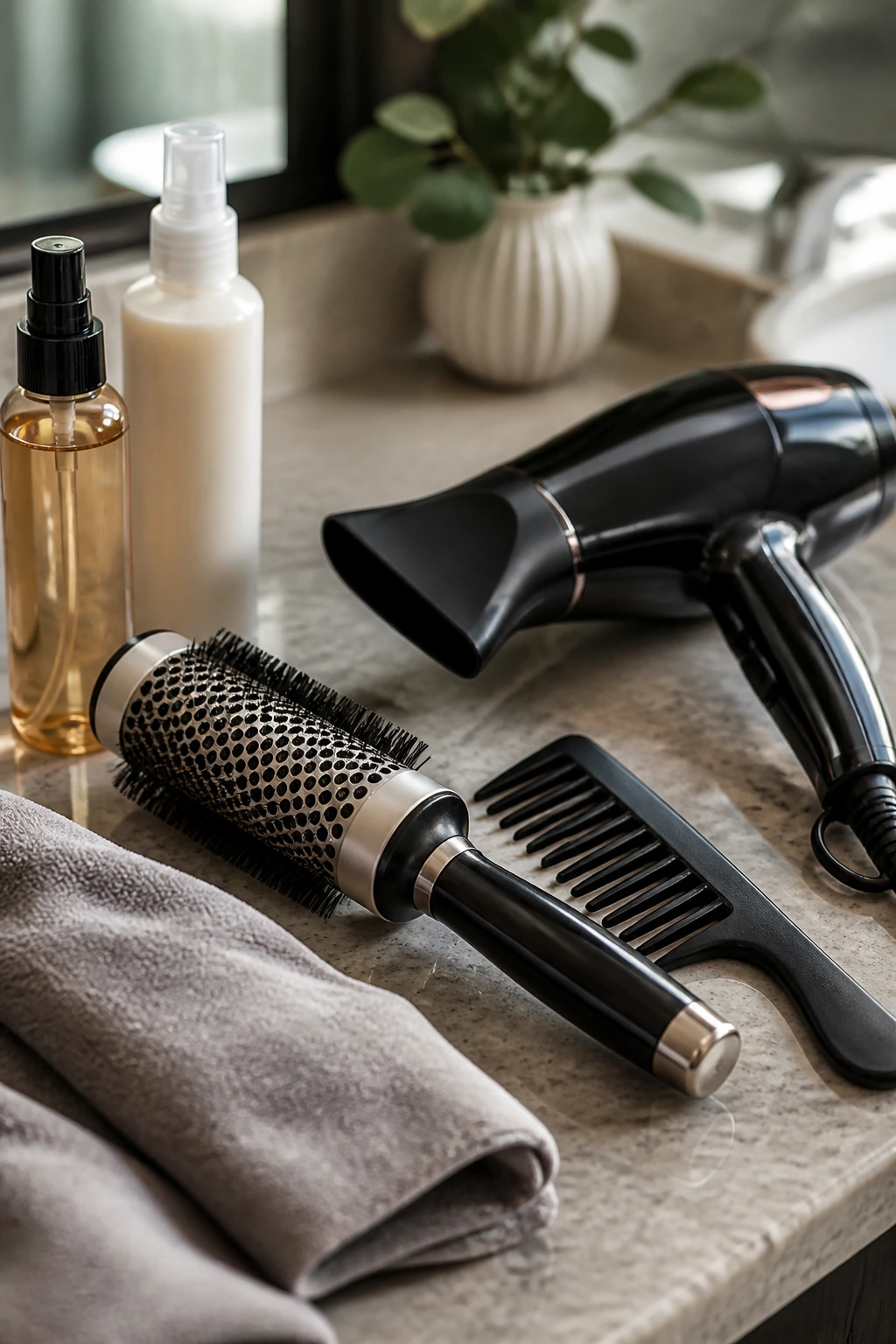 Close-up of hair tools on a bathroom counter ready for styling long hair