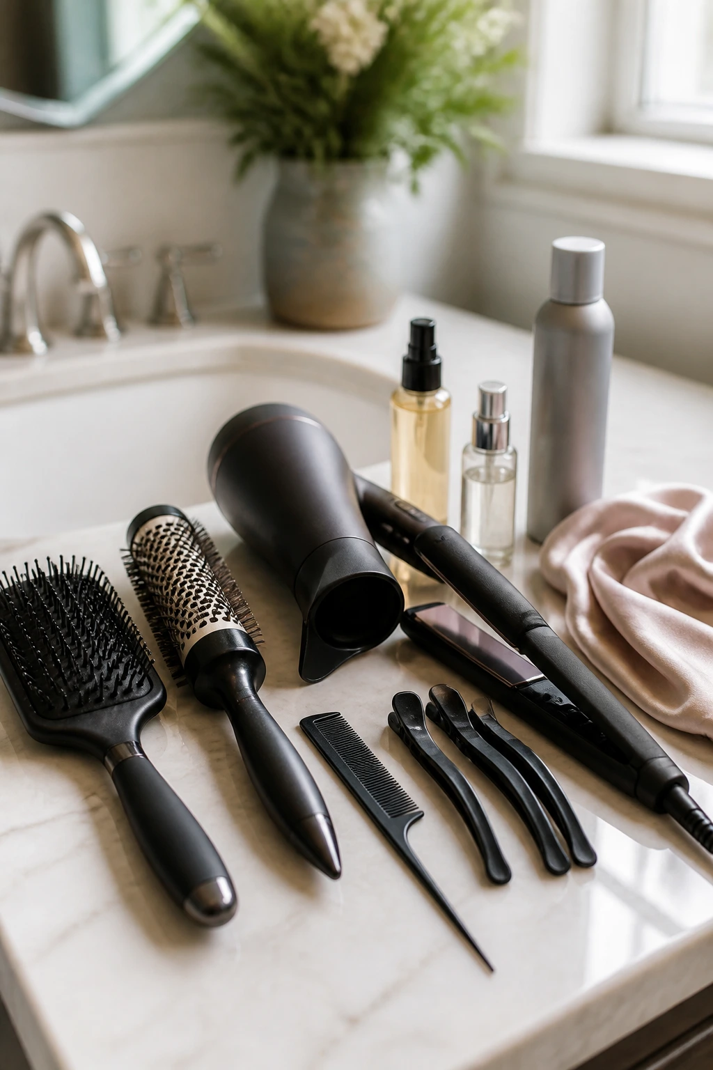 Close-up of essential long straight hair tools displayed on a bathroom counter