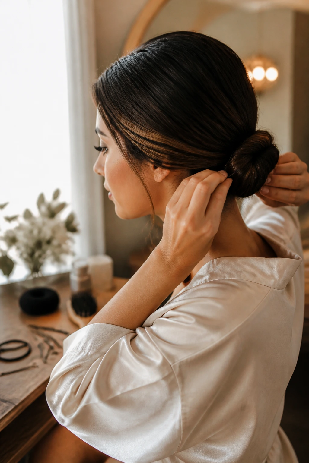 Close-up of a real woman adjusting a low bun with hair tools nearby