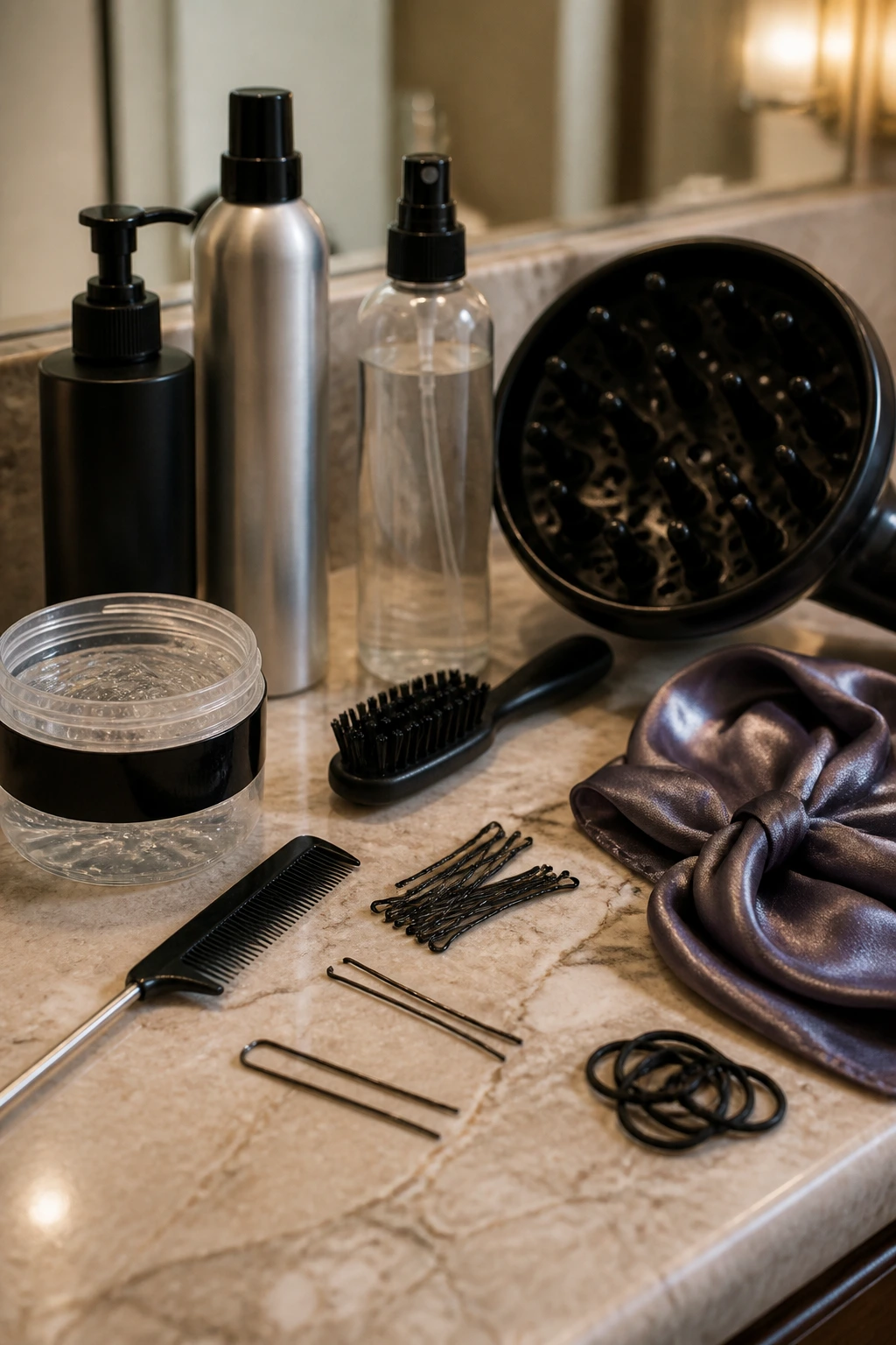 Close-up still life of hair styling tools arranged on a vanity for Mohawk crest control.