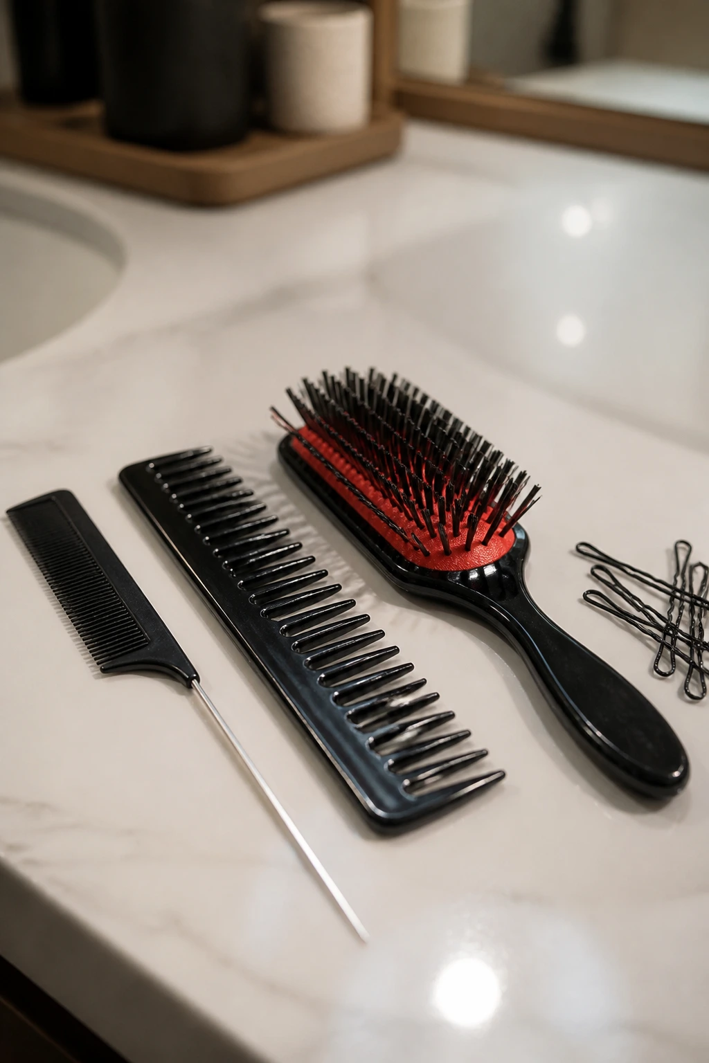 Close-up of unlabeled hair styling tools on a vanity