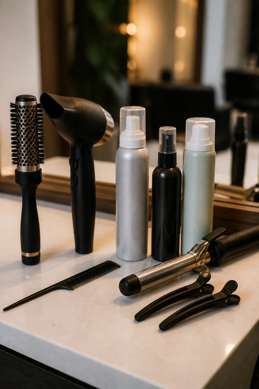 Close-up still life of essential hair tools on a salon counter, tools including brush, dryer nozzle, mousse, texture spray, dry shampoo, curling iron, rat-tail comb and clips.