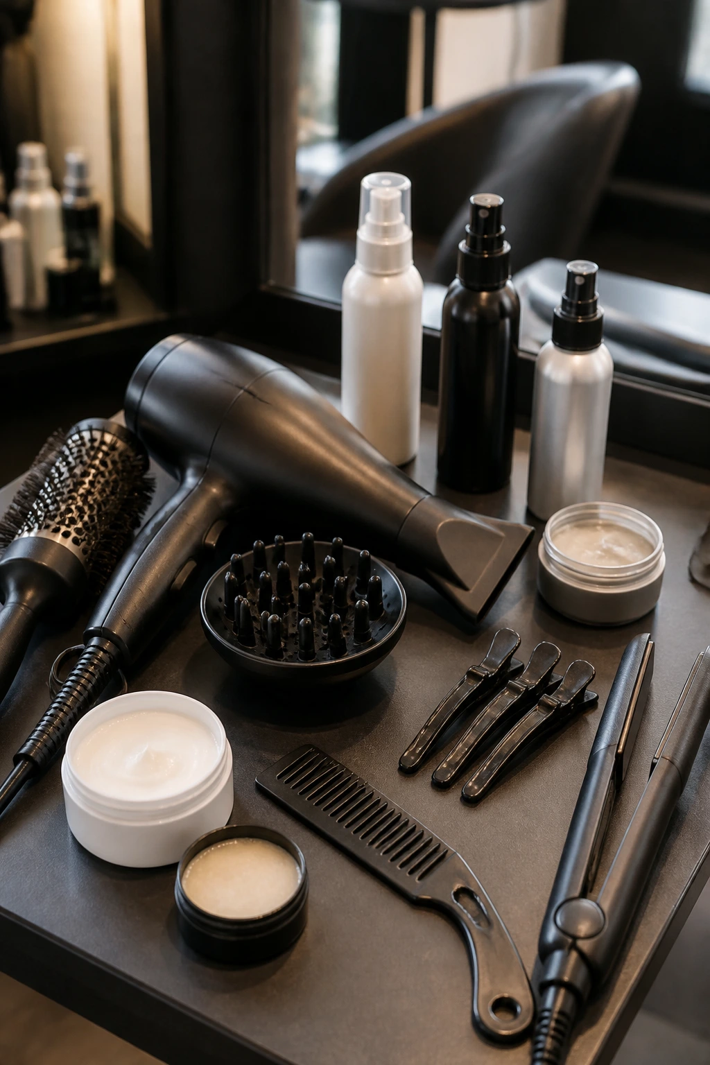 Macro shot of essential hairdressing tools for mullet haircuts on a salon station.