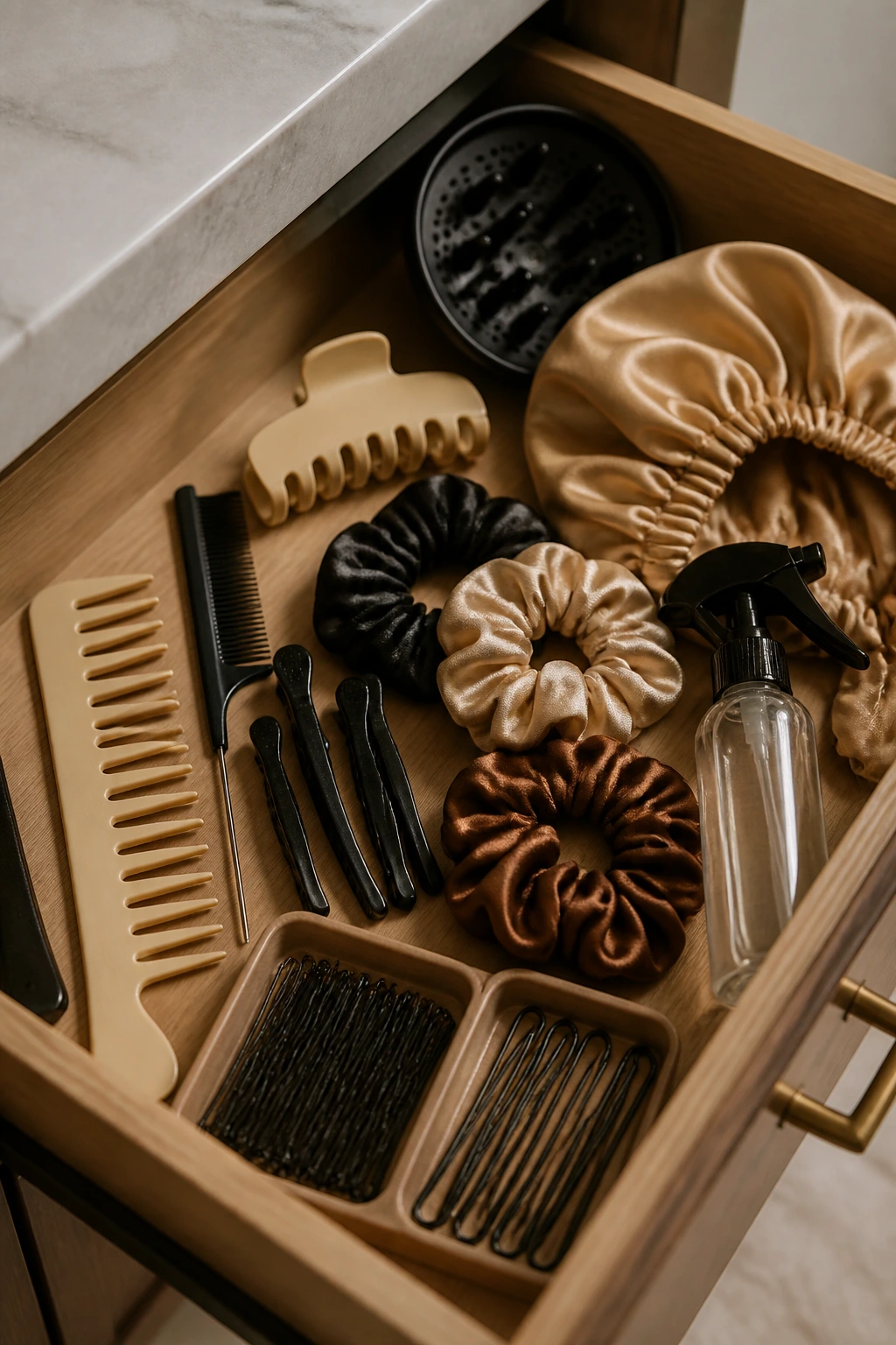 Close-up of organized hair tools on a vanity, focusing on combs, clips, satin pieces