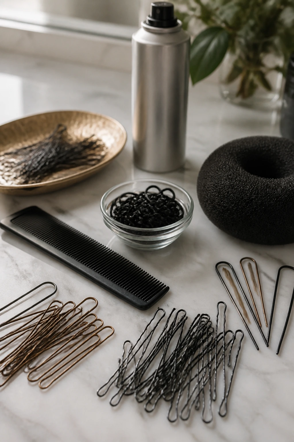 Macro shot of essential hair styling tools for prom updos laid out on a counter.