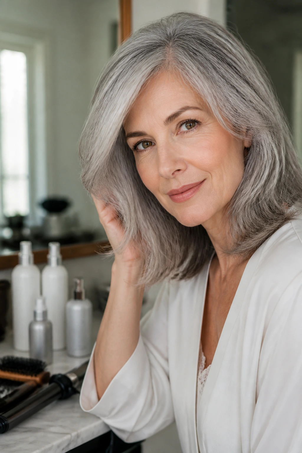 Close-up of a gray-haired woman with hair products on a bathroom vanity in view