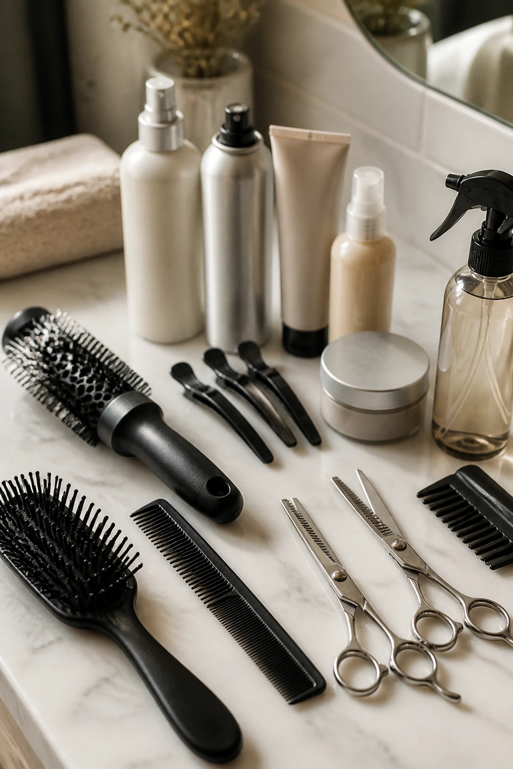 Close-up of essential hair tools arranged on a bathroom counter