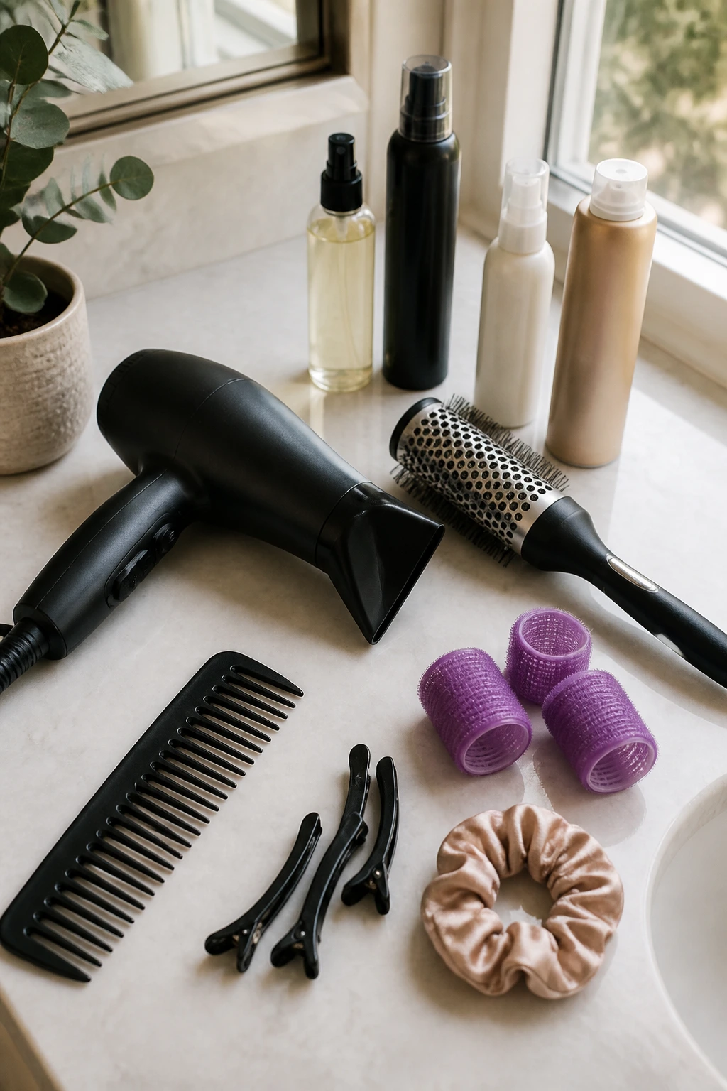 Top-down still life of essential hair tools on a vanity