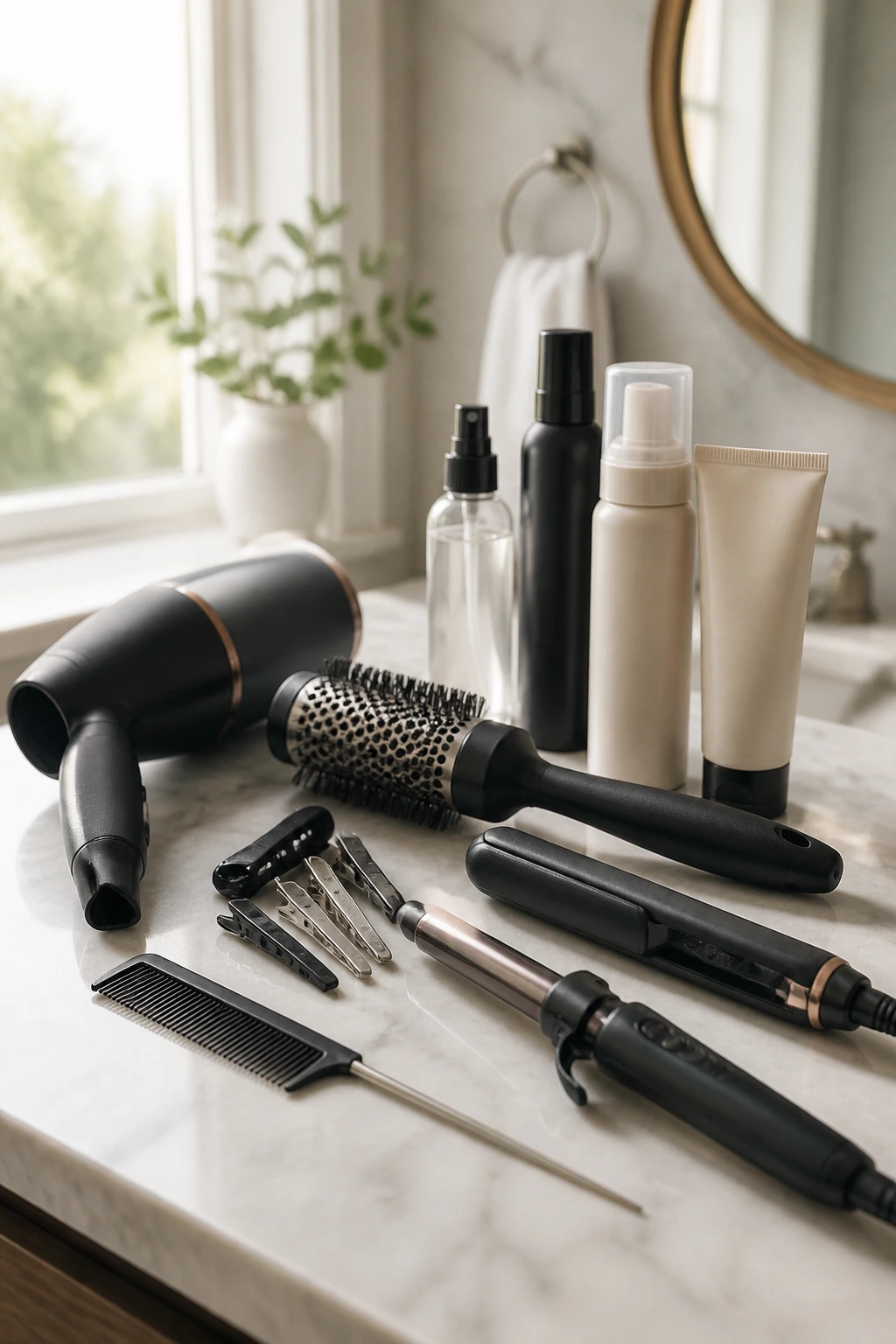 Still life of hair tools and products on a bathroom vanity.