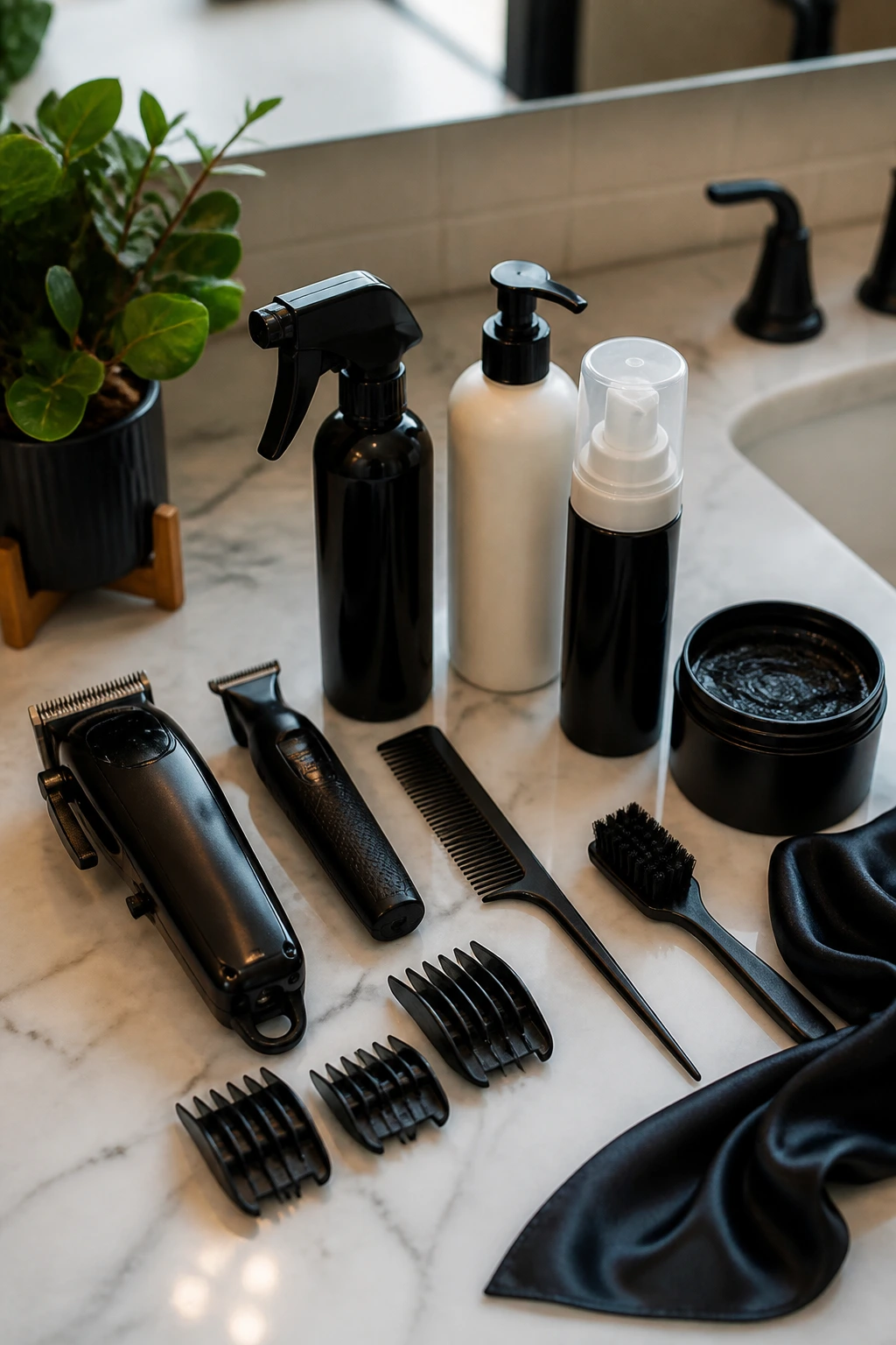 Close-up of essential hair tools and products on a neat bathroom counter