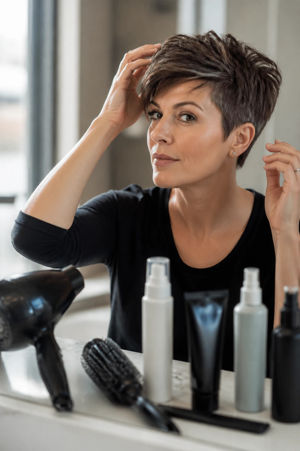 Portrait of person with pixie cut using hair products in bathroom