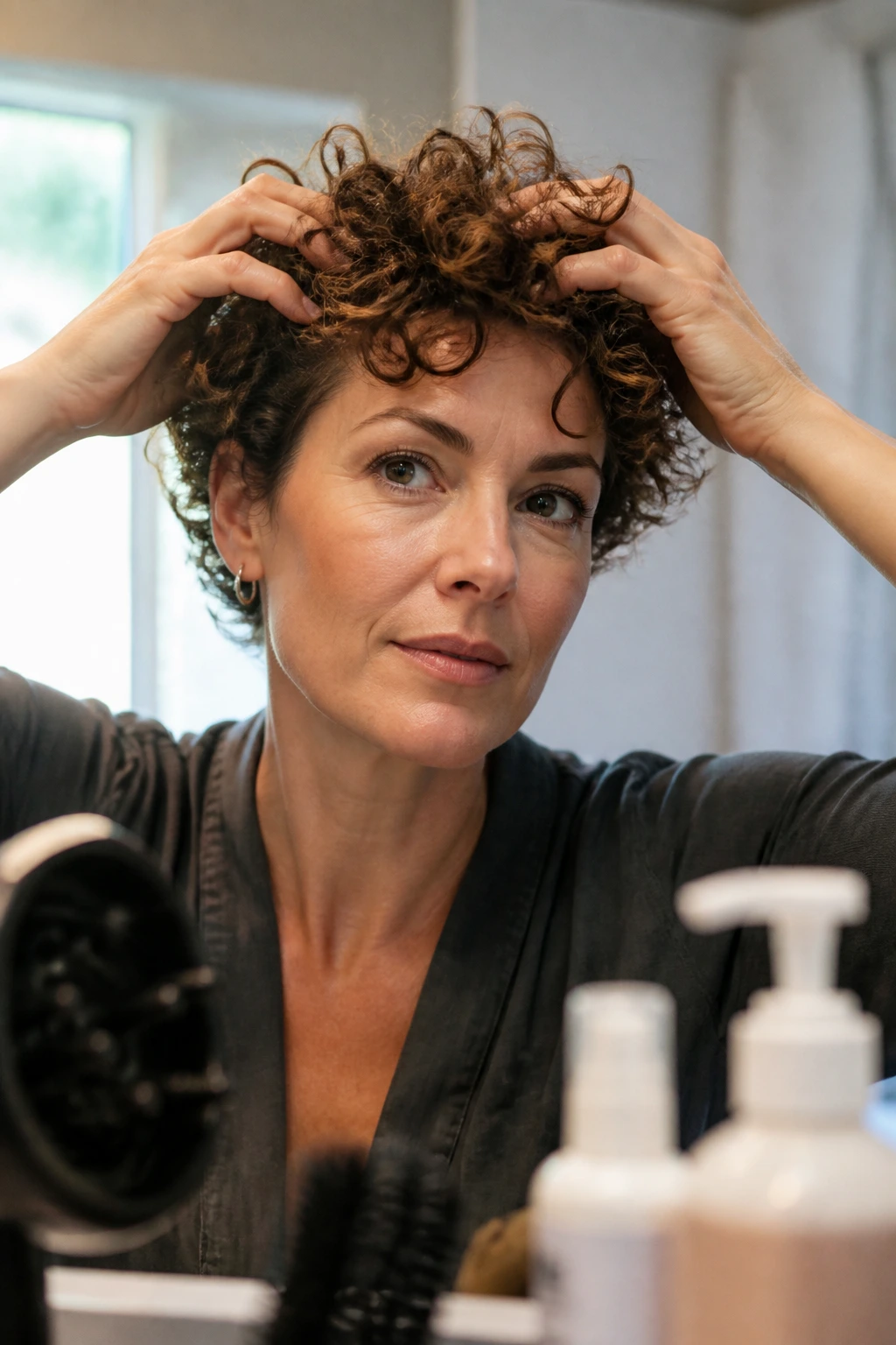 Close-up of a real woman's short curls with hands shaping at the crown and blurred background tools.