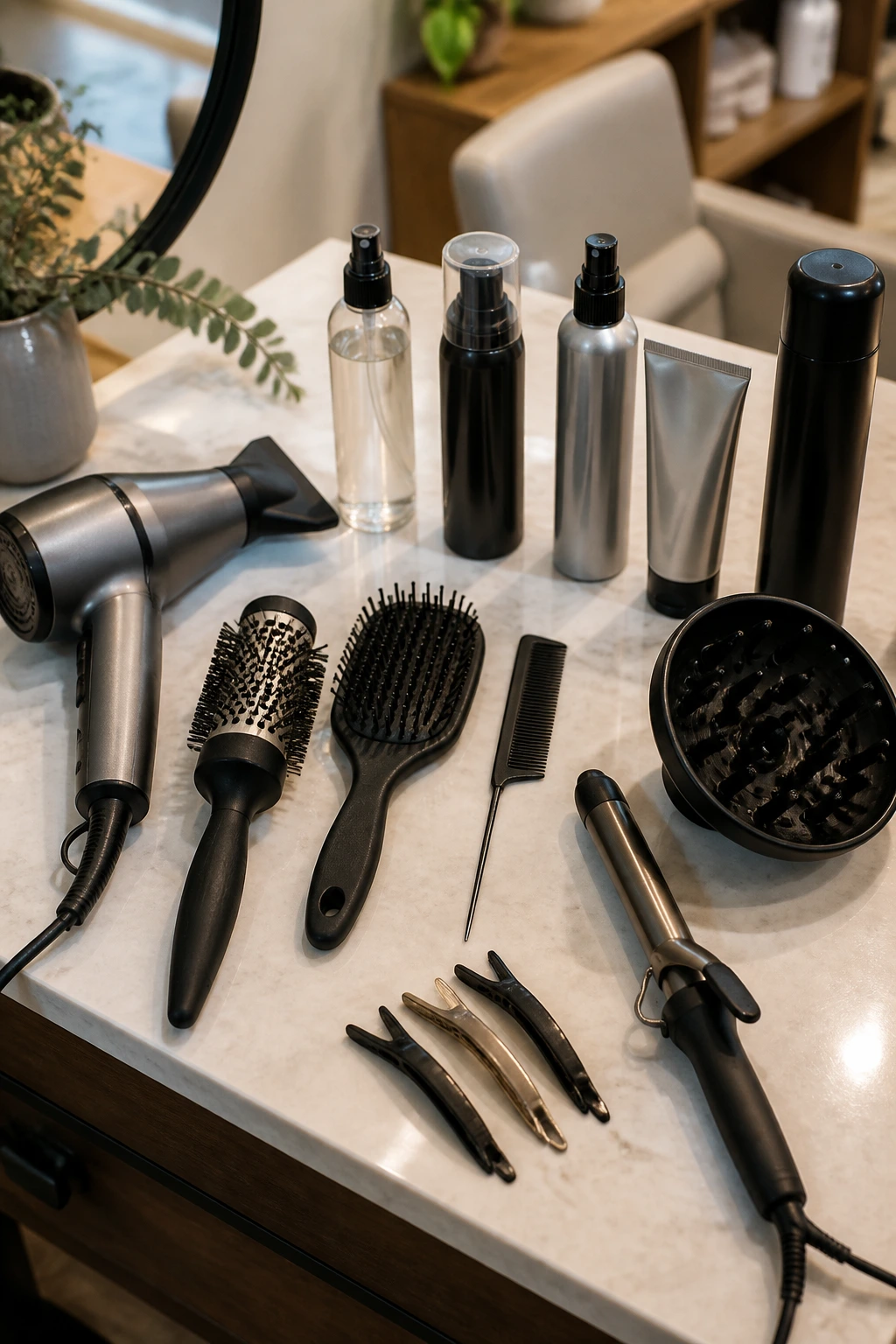 Top-down view of hair styling tools and products on a salon counter