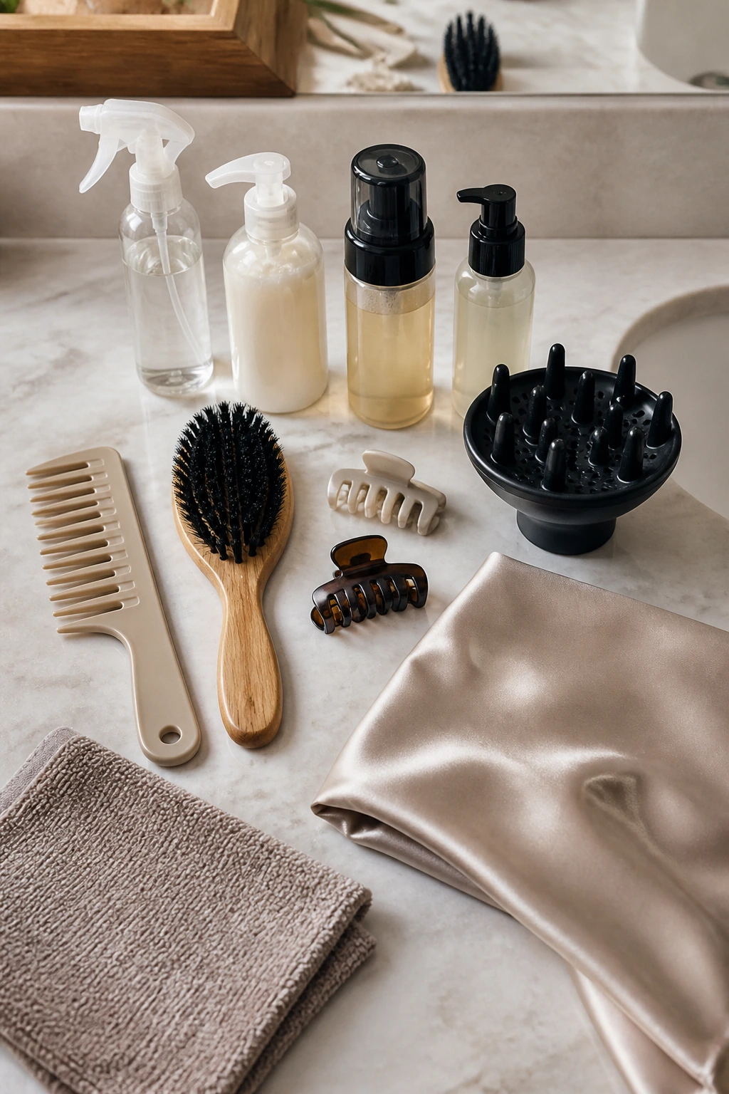 Still life of hair tools and products on a vanity
