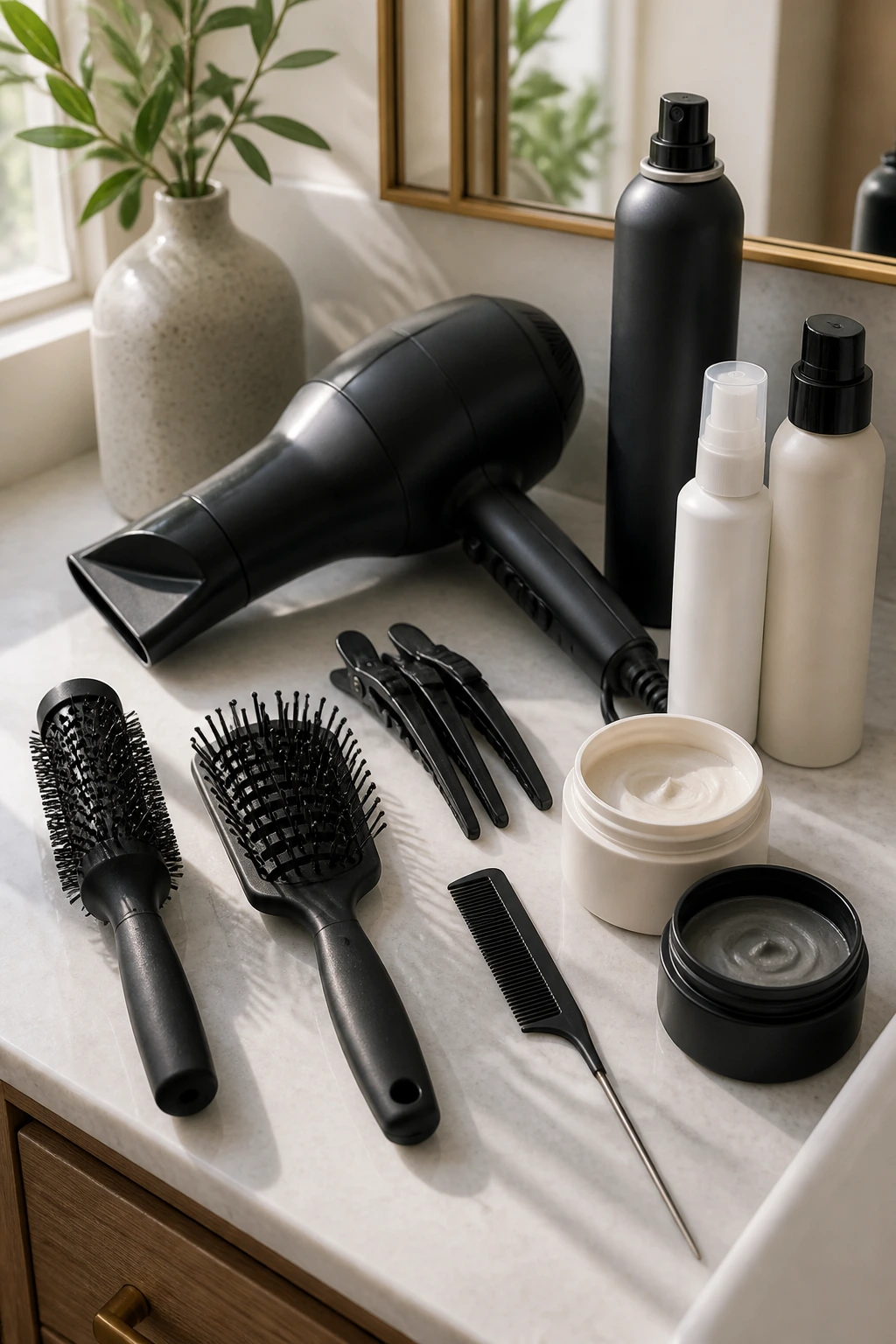 Still life of essential quiff styling tools on bathroom counter