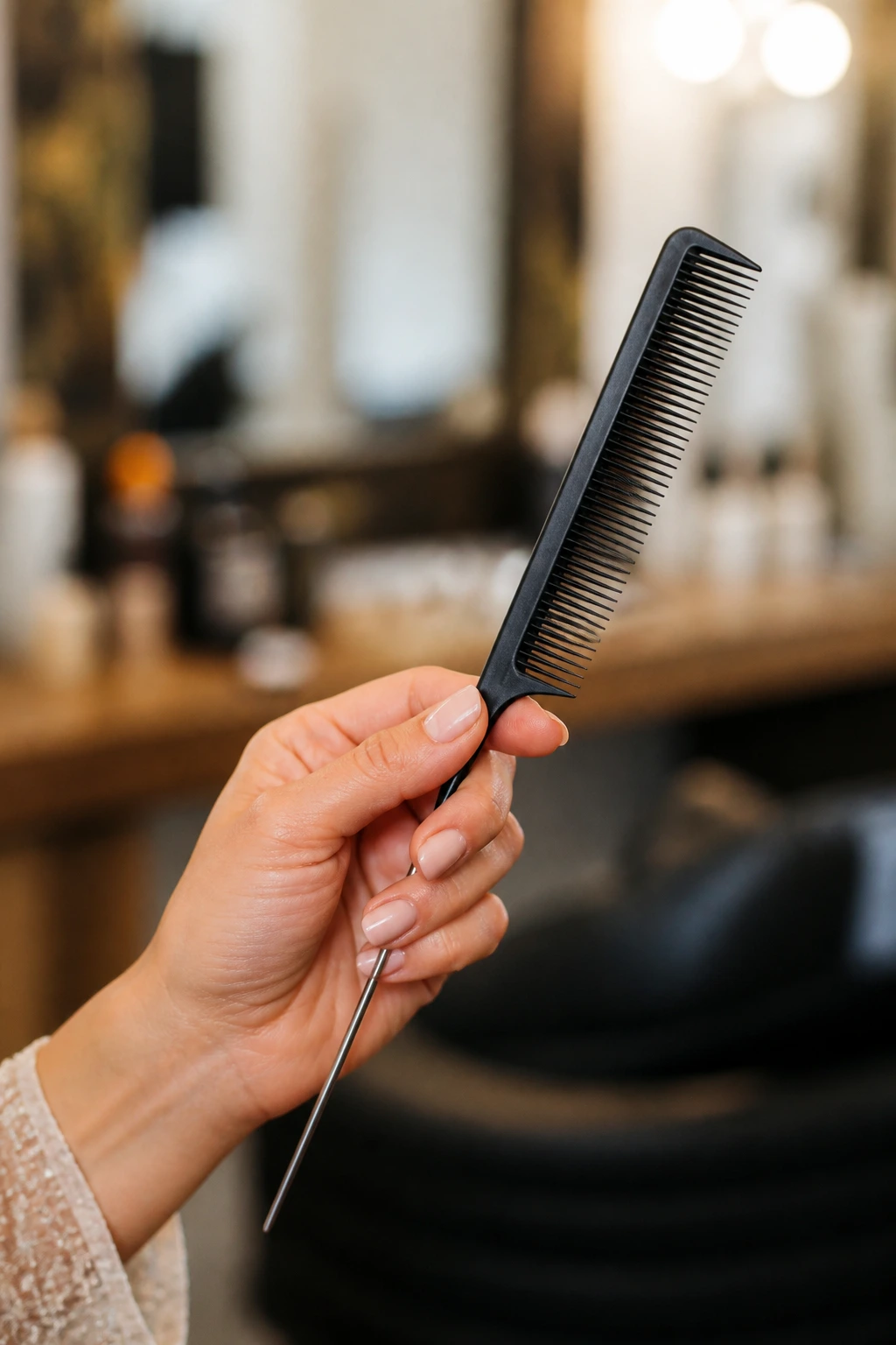 Close-up of hand holding a rat-tail comb in a salon setting