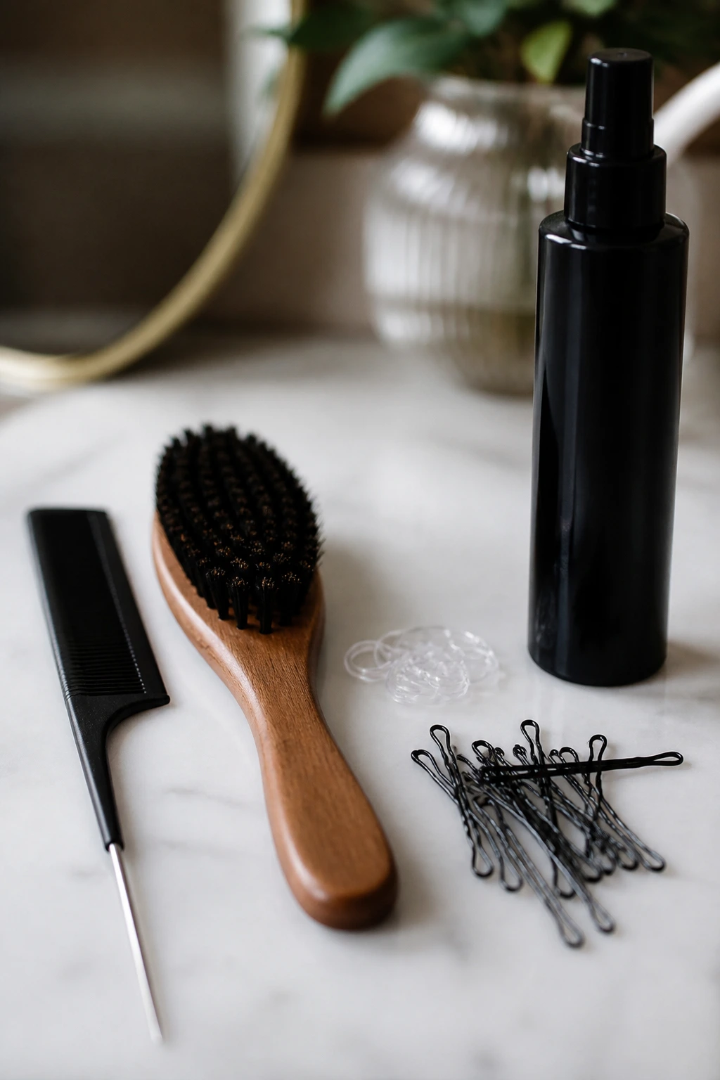 Close-up set of hair tools for short ponytails