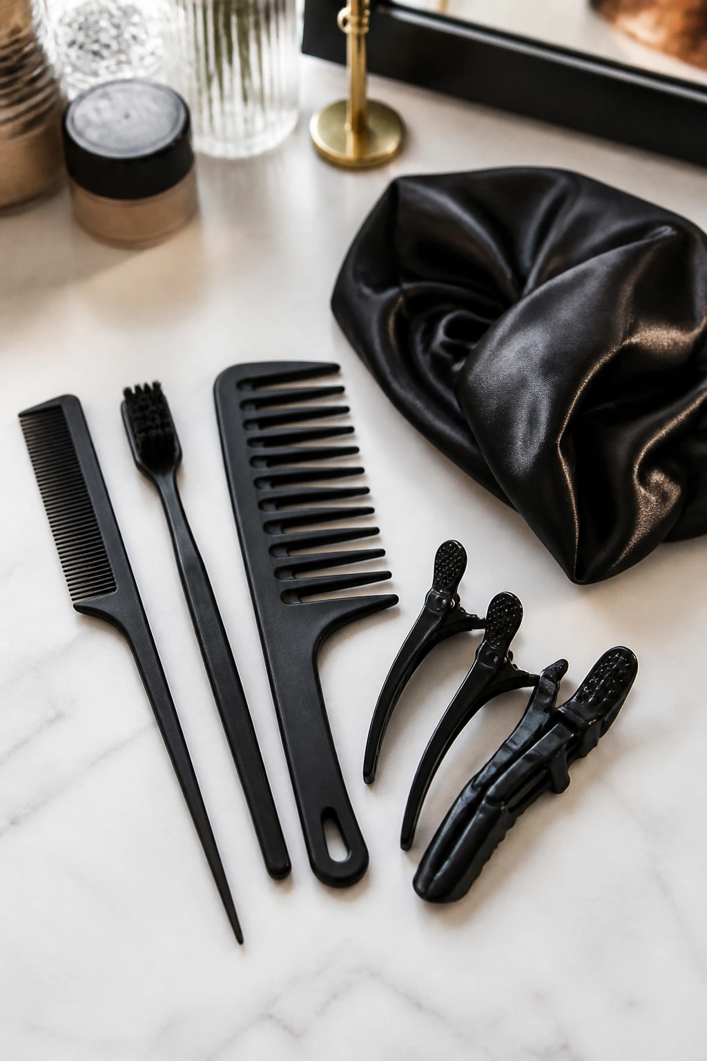 Collection of hair tools for Mohawk styling arranged on a clean surface.