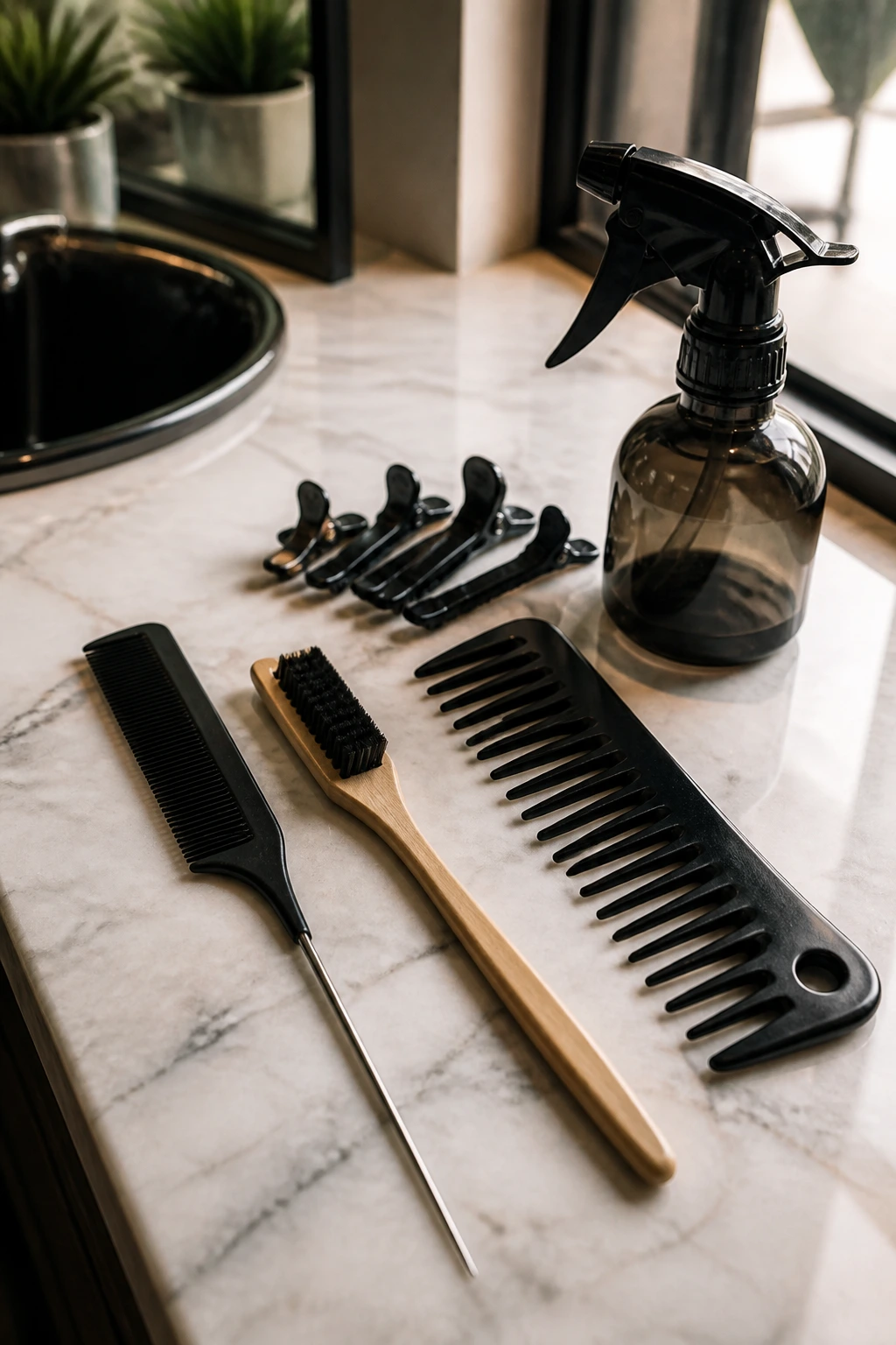 Close-up of hair styling tools on a vanity, showing rat-tail comb, edge brush, wide-tooth comb, sectioning clips, and spray bottle