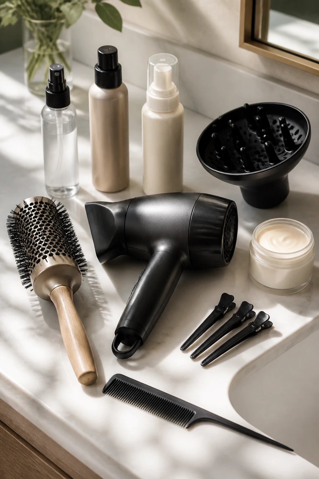 Top-down view of essential hair tools for face-framing layers on bathroom counter.