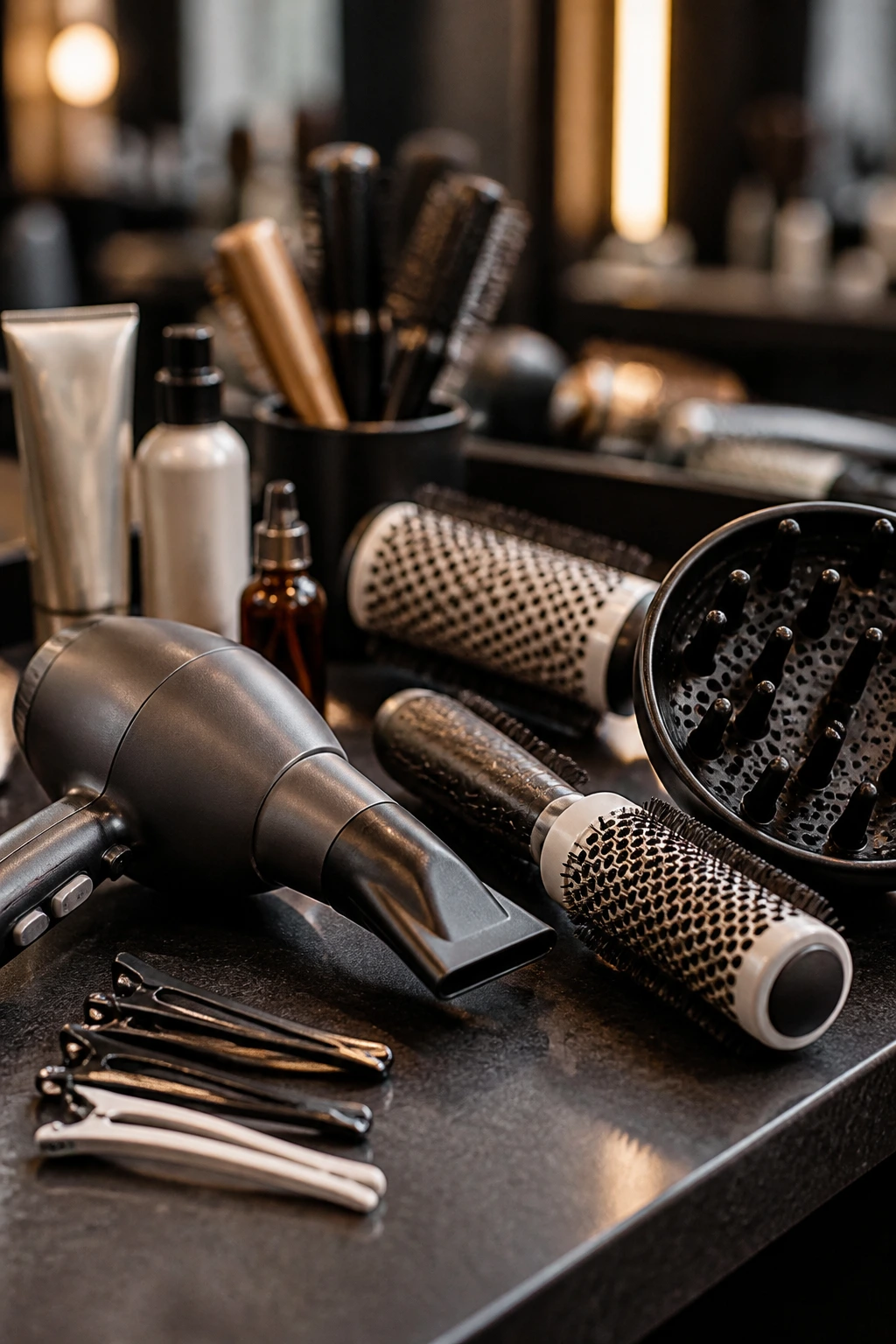 Close-up of hair styling tools on a salon counter