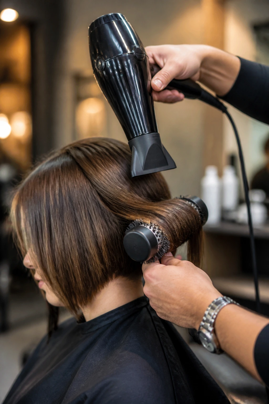 Close-up of hands using a blow dryer and round brush to style an asymmetrical bob in a salon
