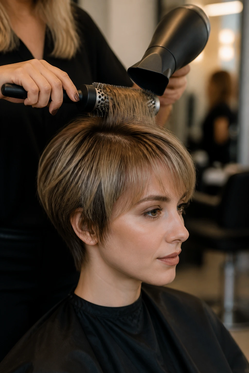 Real person in a salon being styled with a round brush on the crown and a nozzle dryer nearby