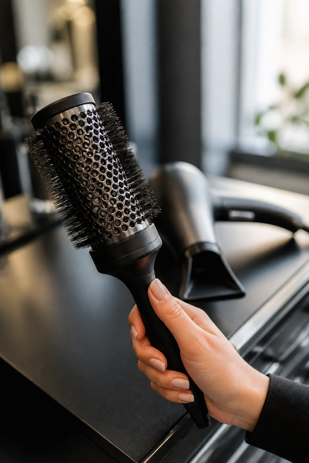 Close-up of a round brush in hand at a salon station