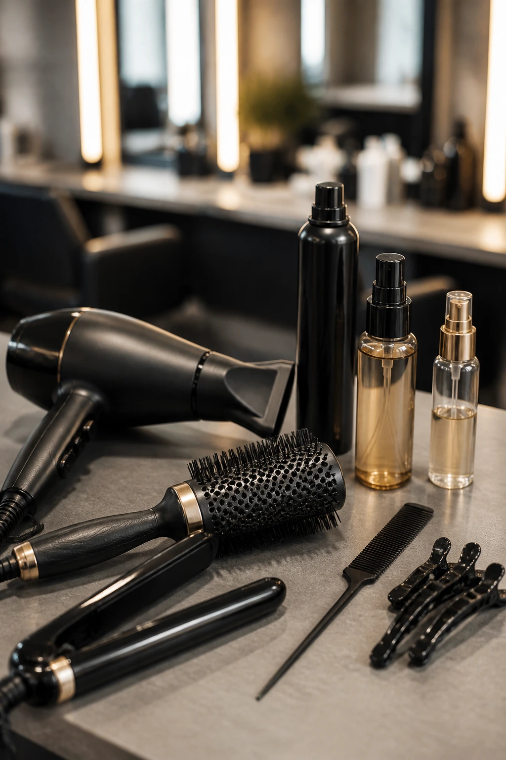 Still life of hairdressing tools used for asymmetrical bob styling