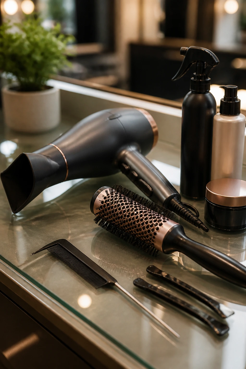 Close-up of professional hair tools on a salon counter, showcasing essential styling equipment