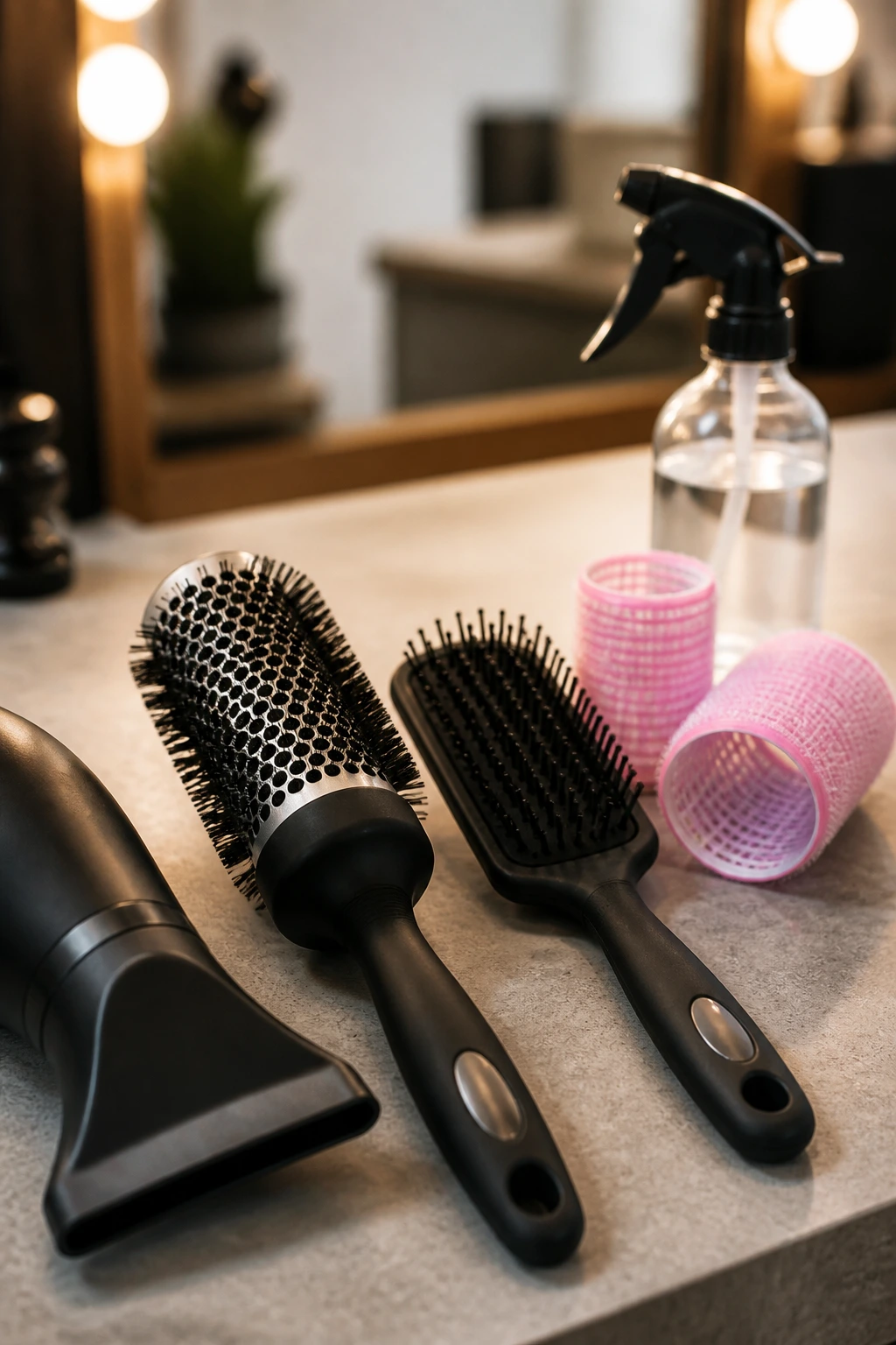 Close-up of hair tools arranged on a salon counter