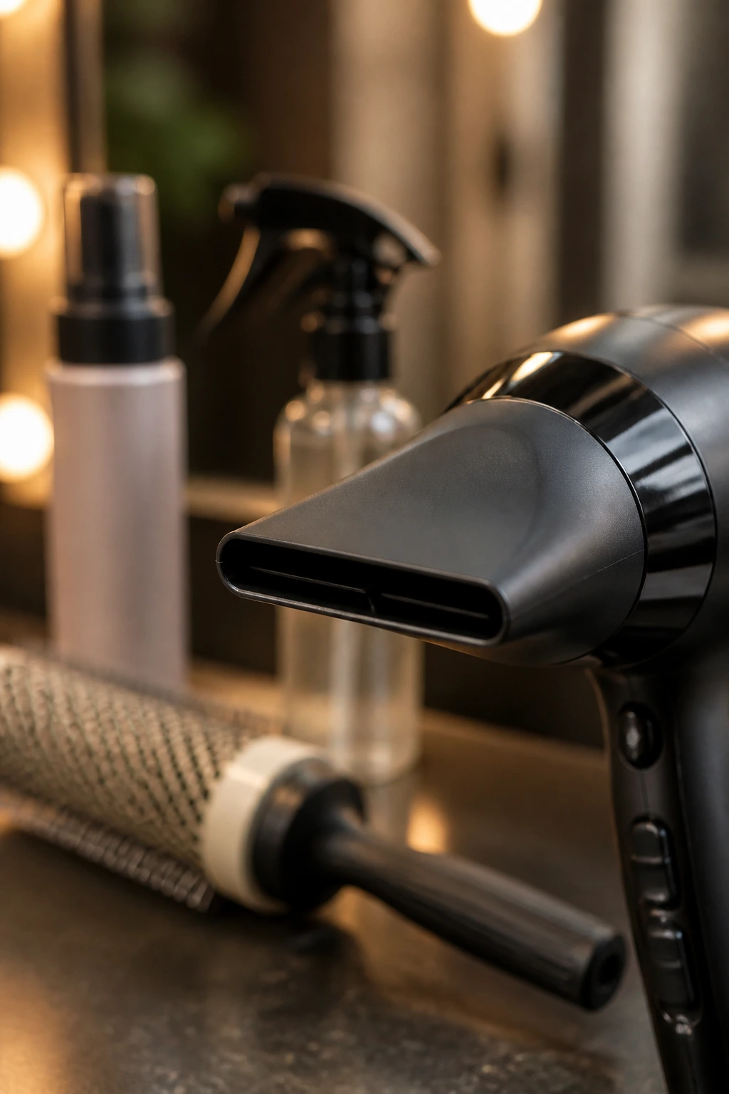 Close-up of essential hair tools for shaggy bob cuts on a salon counter.