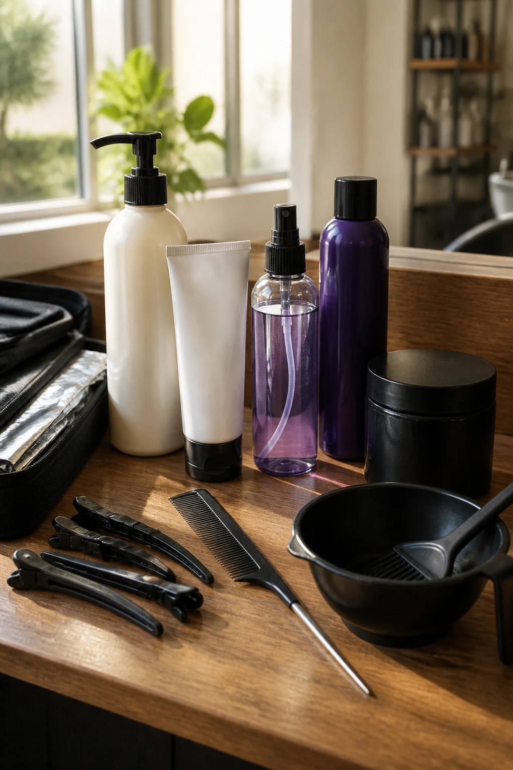 Close-up of hair-highlighting tools and products arranged on a wooden surface in a bright salon prep area.