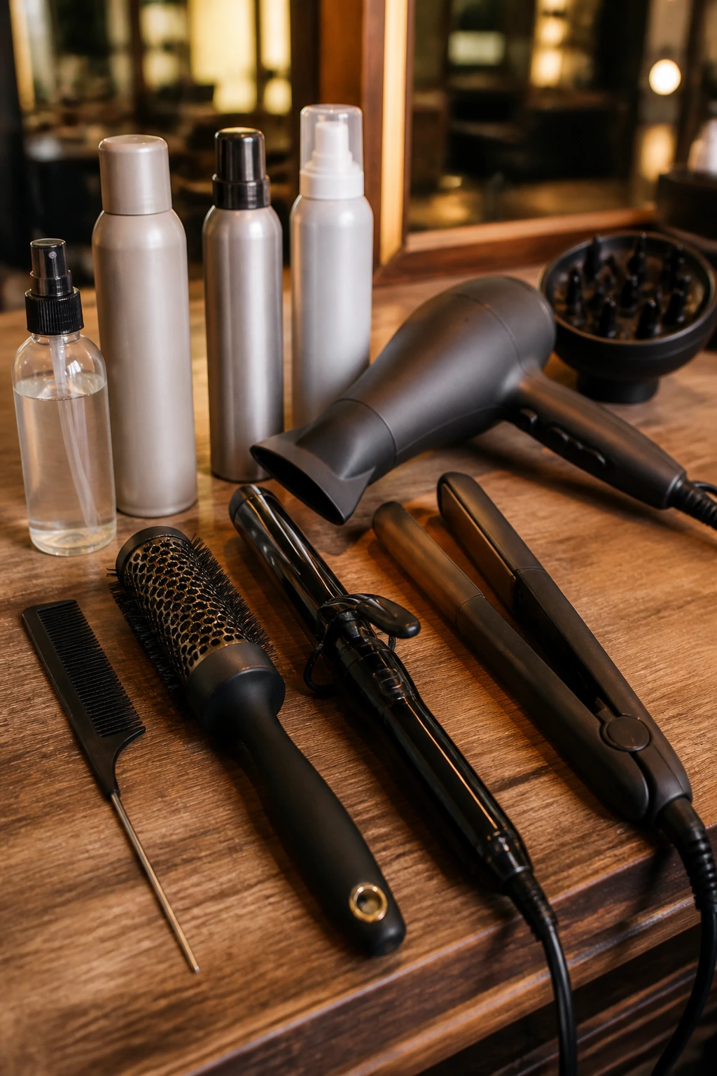 Close-up of essential hair styling tools on a salon counter