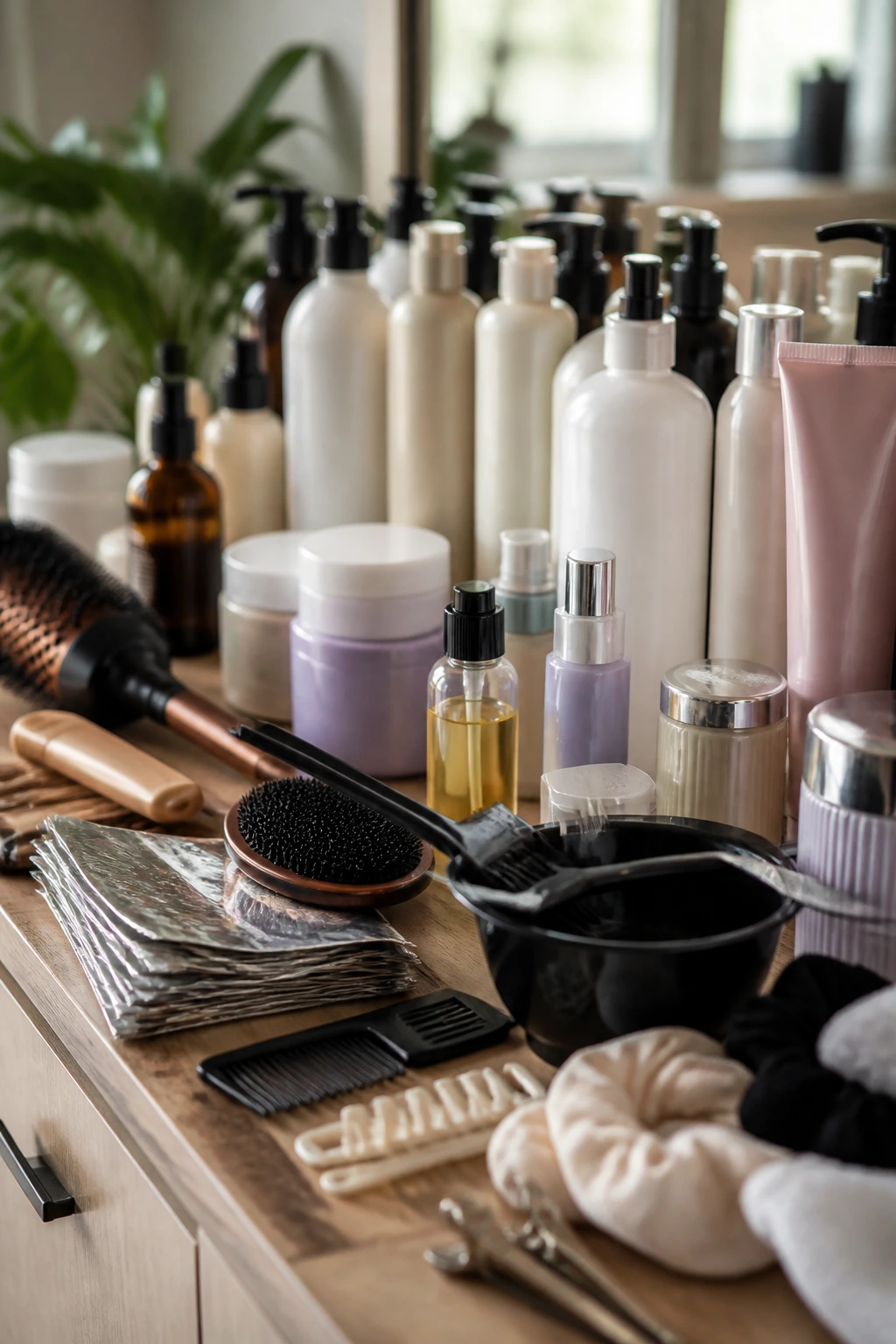 Close-up still life of haircare tools and generic bottles at a salon vanity.