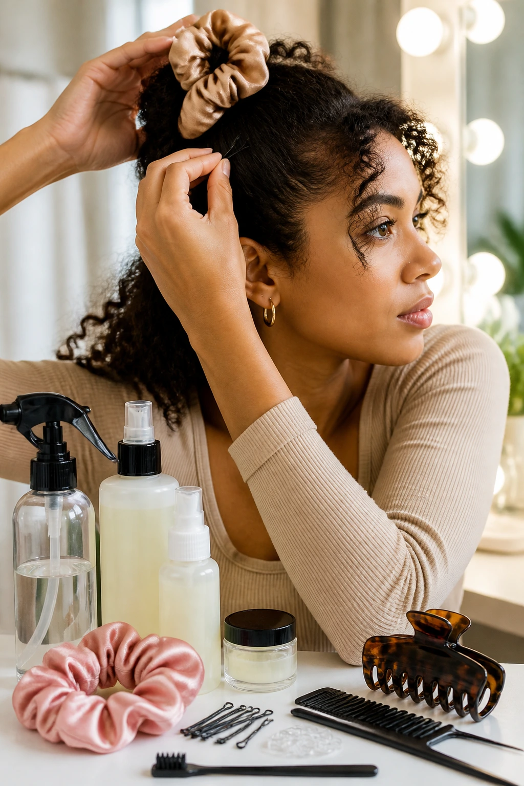 Close-up of a real person using hair tools like satin scrunchie and clips