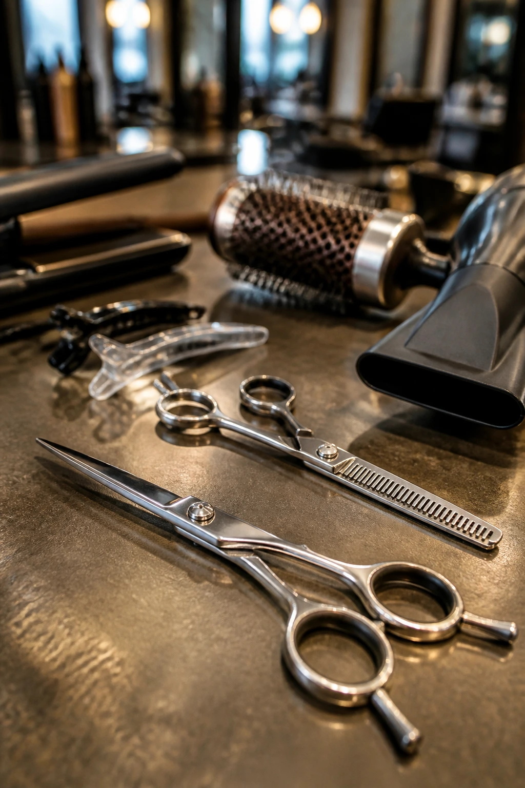 Close-up of professional hair-cutting tools arranged on a salon counter