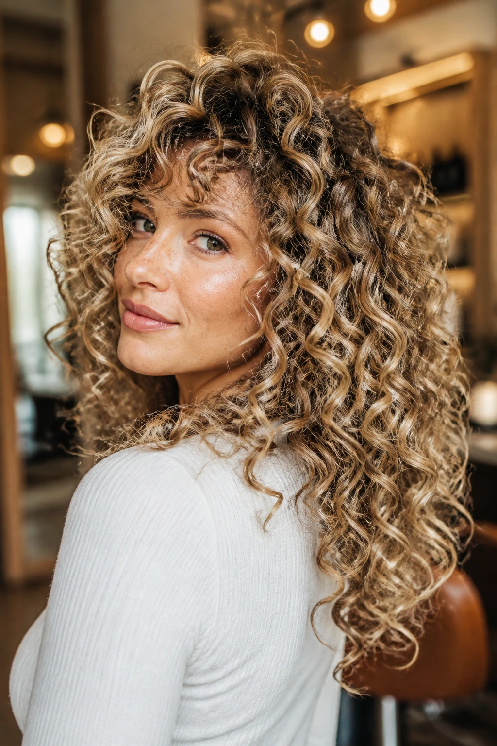 Close-up of a real woman's glossy, well-defined curls