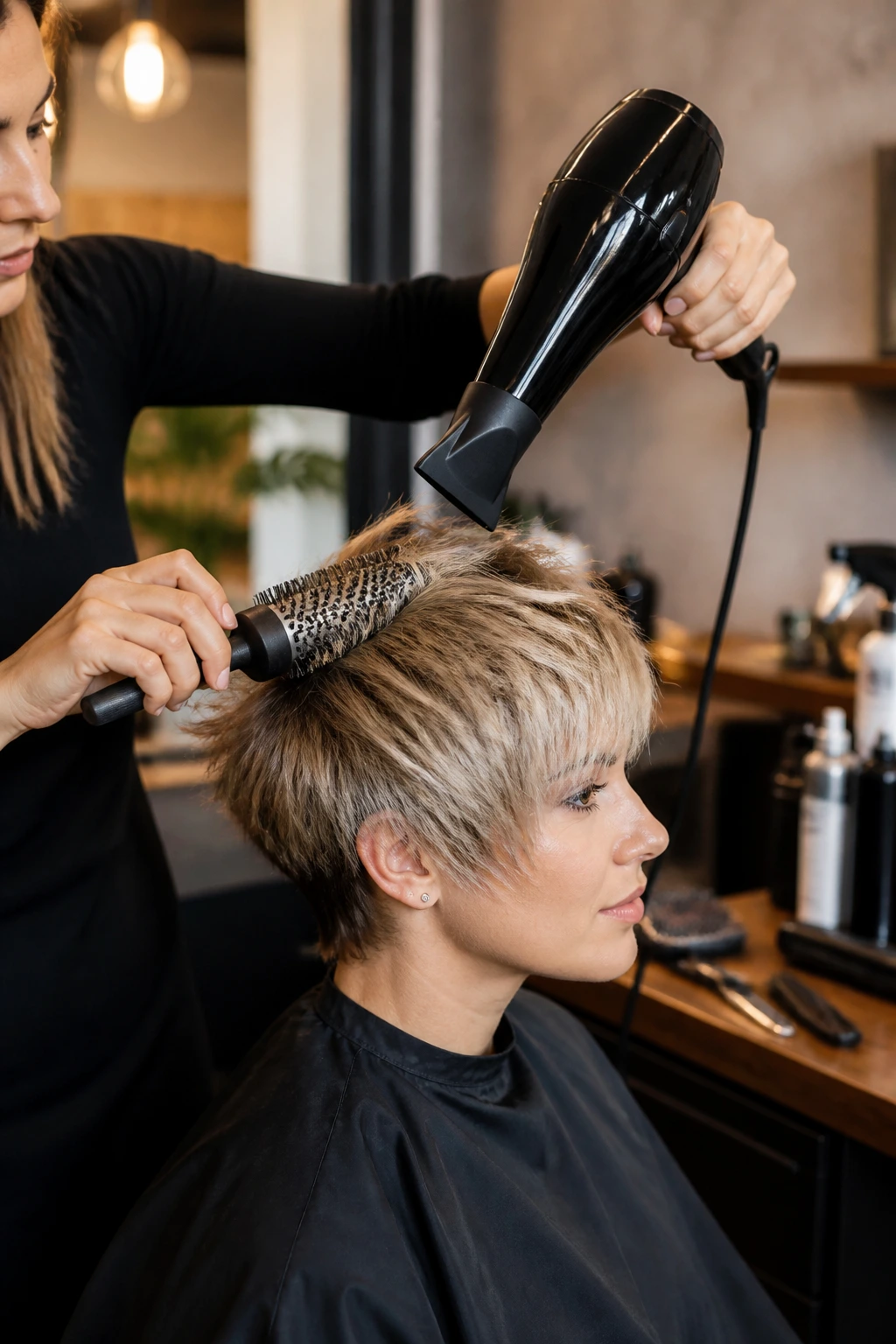 Hands using round brush and blow dryer on short-haired client