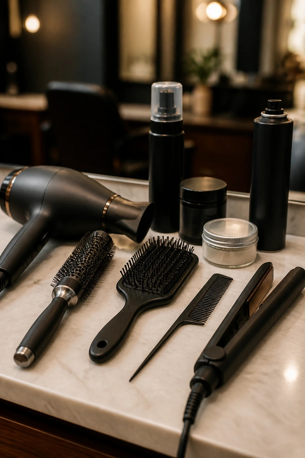 Close-up of essential short-hair tools on a salon station