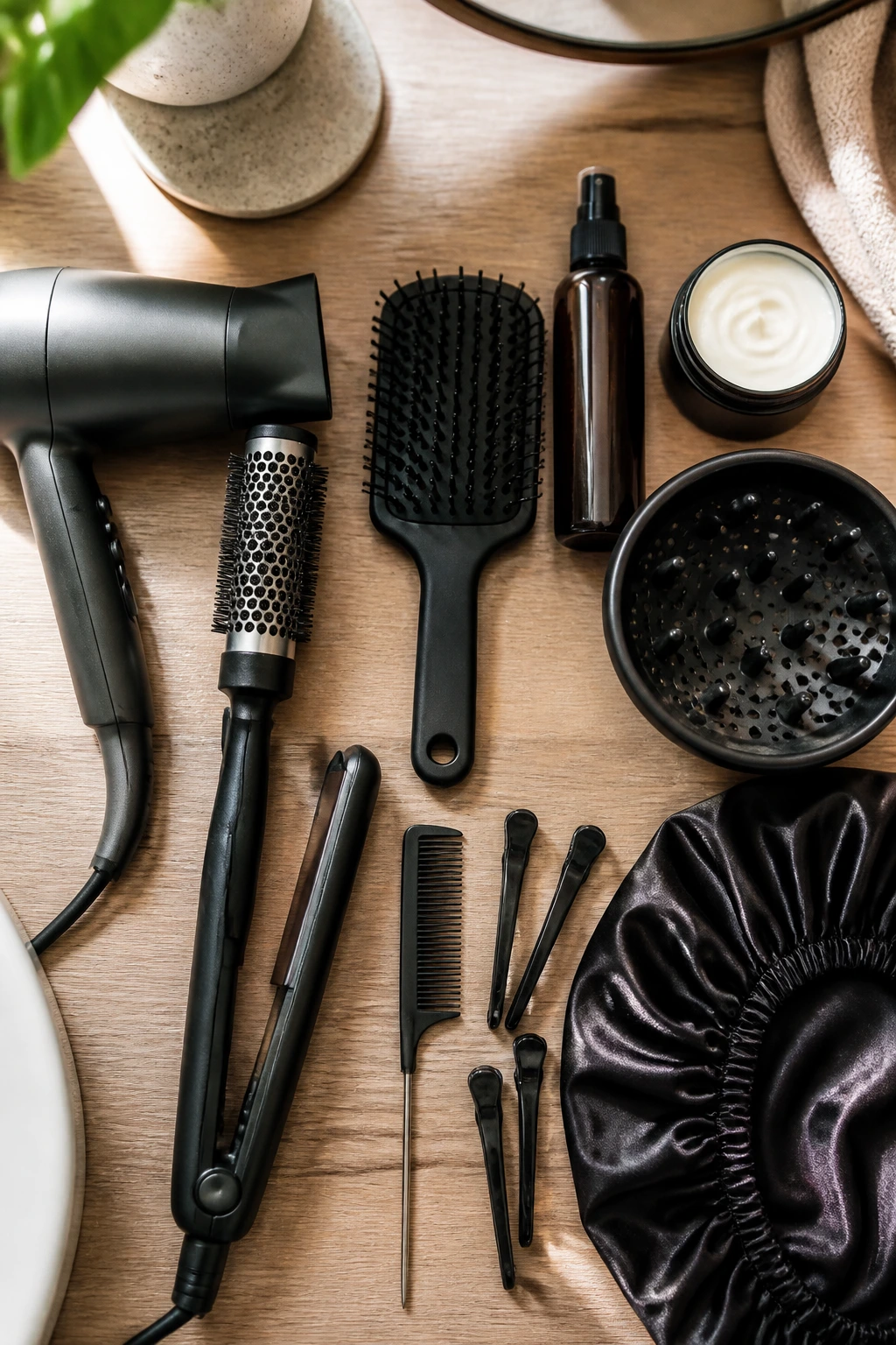 Arrangement of essential short-hair styling tools on a vanity