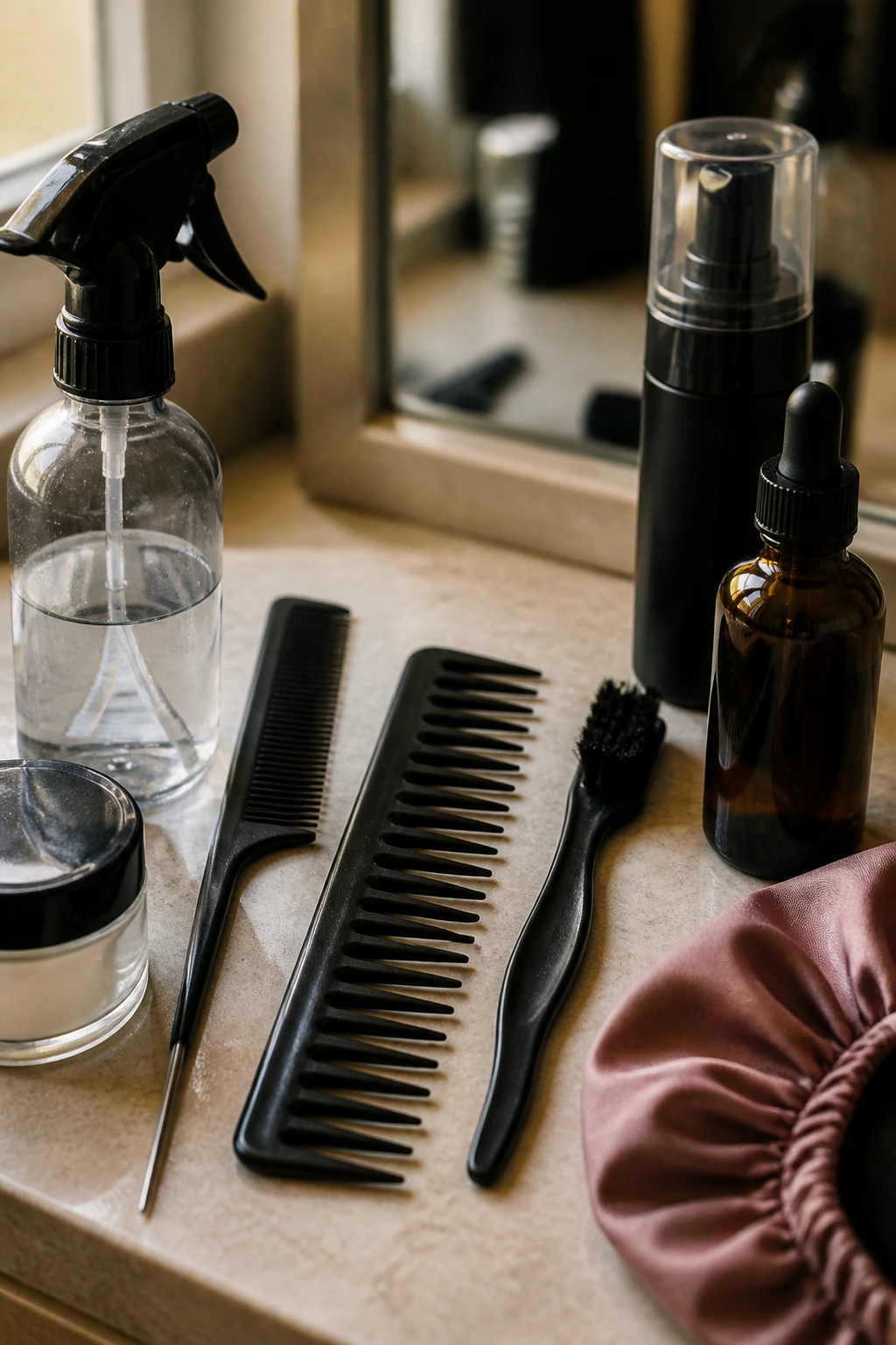 Close-up of essential short hair tools arranged neatly on a vanity