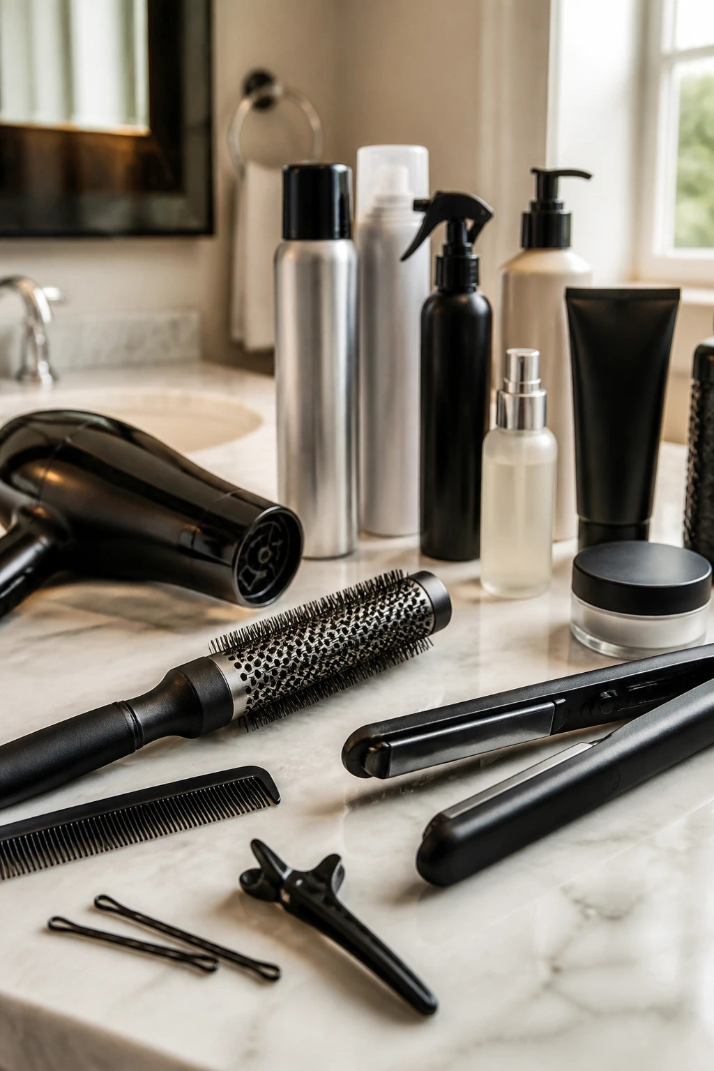Close-up of hair styling tools and products arranged on a bathroom counter