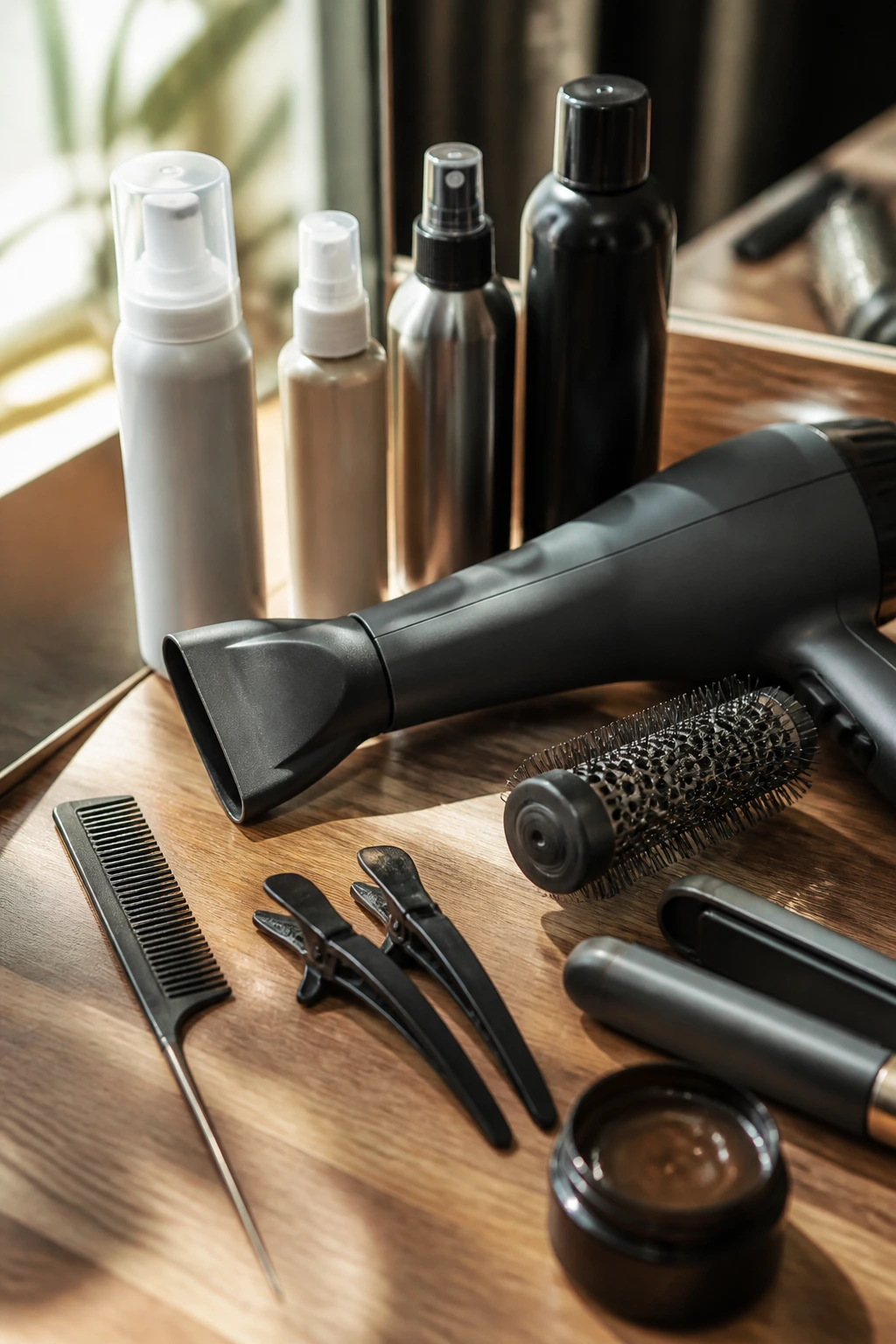 Close-up of hairstyling tools arranged on a wooden vanity ready for side-sweep looks