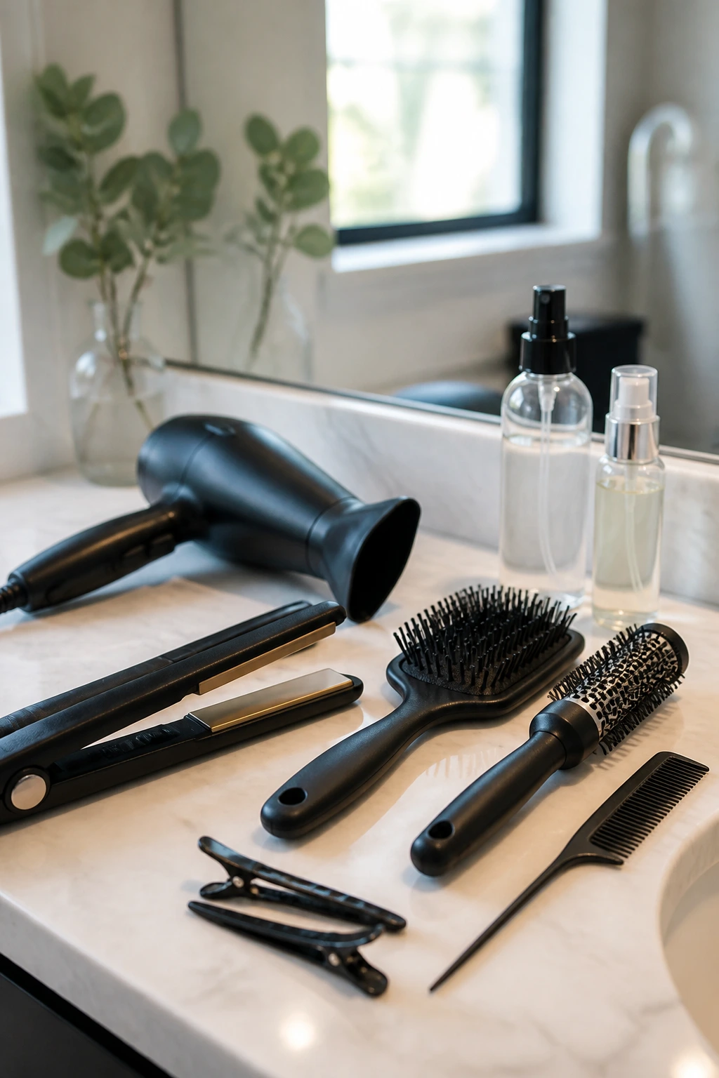 Close-up of essential hair tools for sleek short hair on a vanity