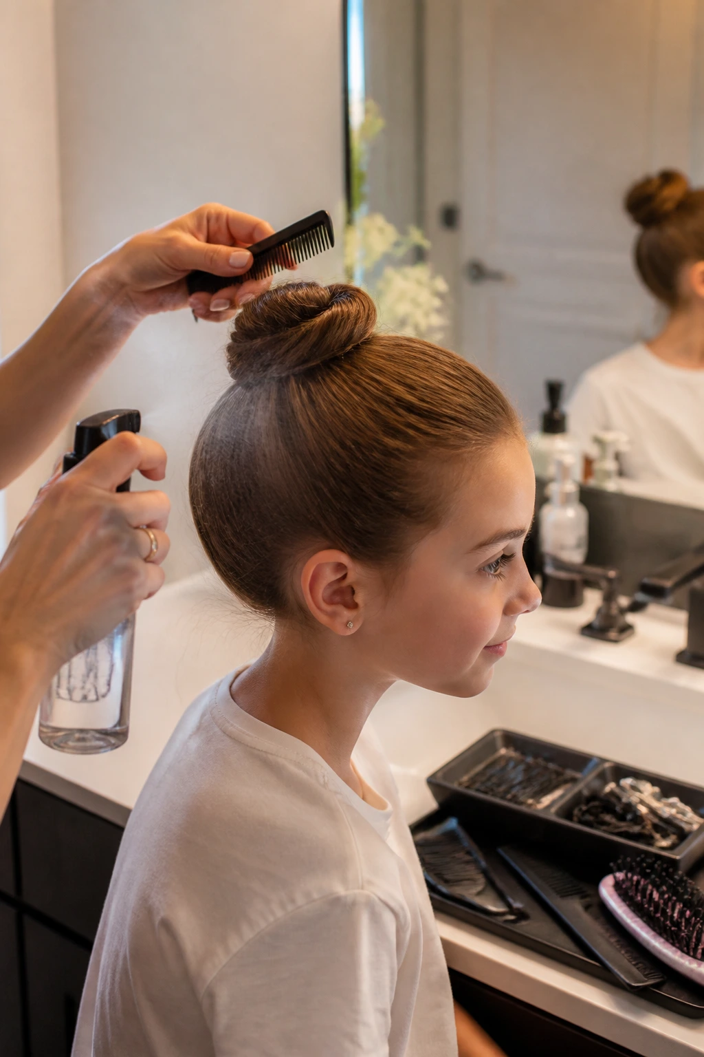 Medium shot of a child being styled with a spray bottle and comb in a bathroom.