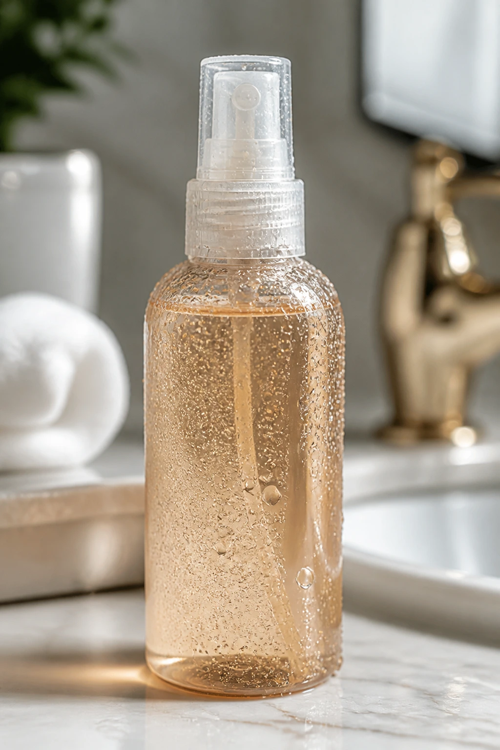 Close-up of a spray bottle on a bathroom counter in soft light
